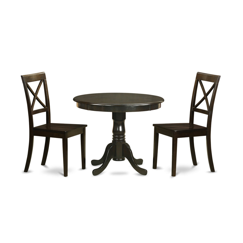 East West Furniture ANBO3-CAP-W 3 Piece Dining Room Furniture Set Contains a Round Dining Table with Pedestal and 2 Wood Seat Chairs