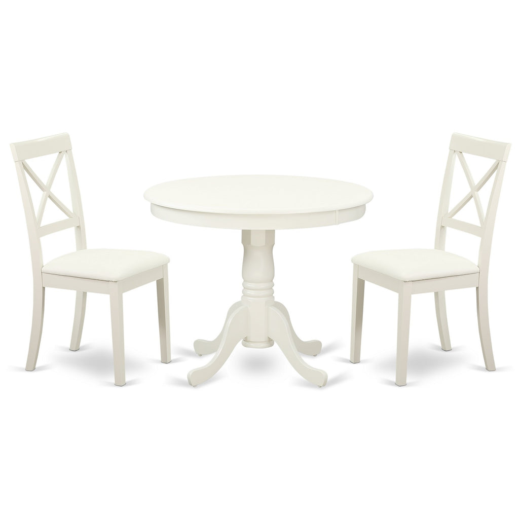 Juego de mesa de comedor moderna de 3 piezas East West Furniture ANBO3-LWH-LC que incluye una mesa de cocina redonda con pedestal y 2 sillas de comedor de cocina de cuero sintético.