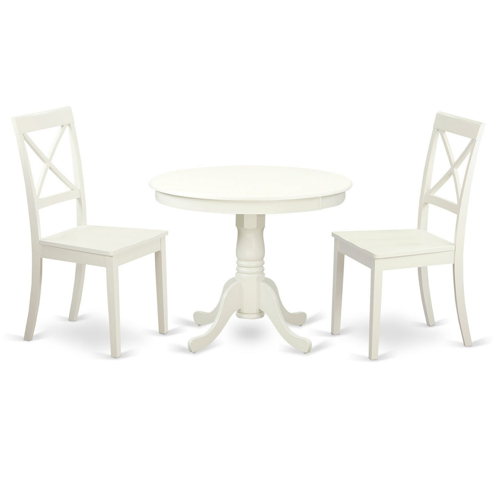 East West Furniture ANBO3-LWH-W 3 Piece Kitchen Table & Chairs Set Contains a Round Dining Room Table with Pedestal and 2 Solid Wood Seat Chairs