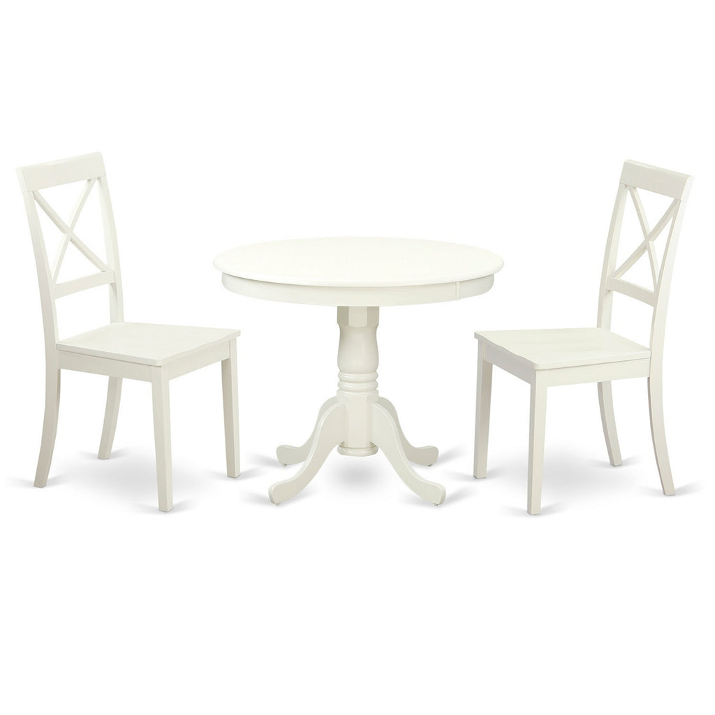 East West Furniture ANBO3-LWH-W 3 Piece Kitchen Table & Chairs Set Contains a Round Dining Room Table with Pedestal and 2 Solid Wood Seat Chairs, 36x36 Inch, Linen White