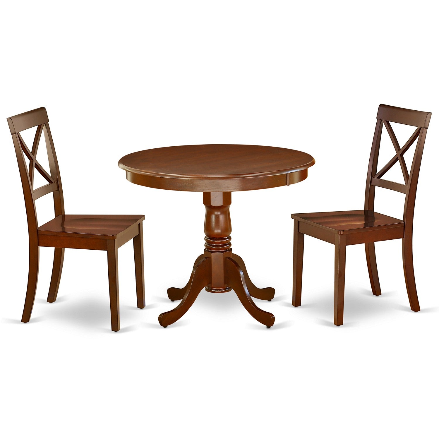 Juego de comedor de 3 piezas East West Furniture ANBO3-MAH-W que incluye una mesa de cocina redonda con pedestal y 2 sillas de comedor.