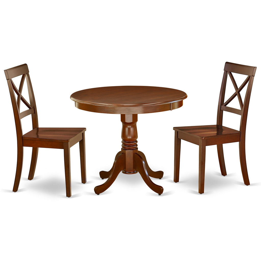 East West Furniture ANBO3-MAH-W 3 Piece Dining Set Contains a Round Kitchen Table with Pedestal and 2 Dining Chairs
