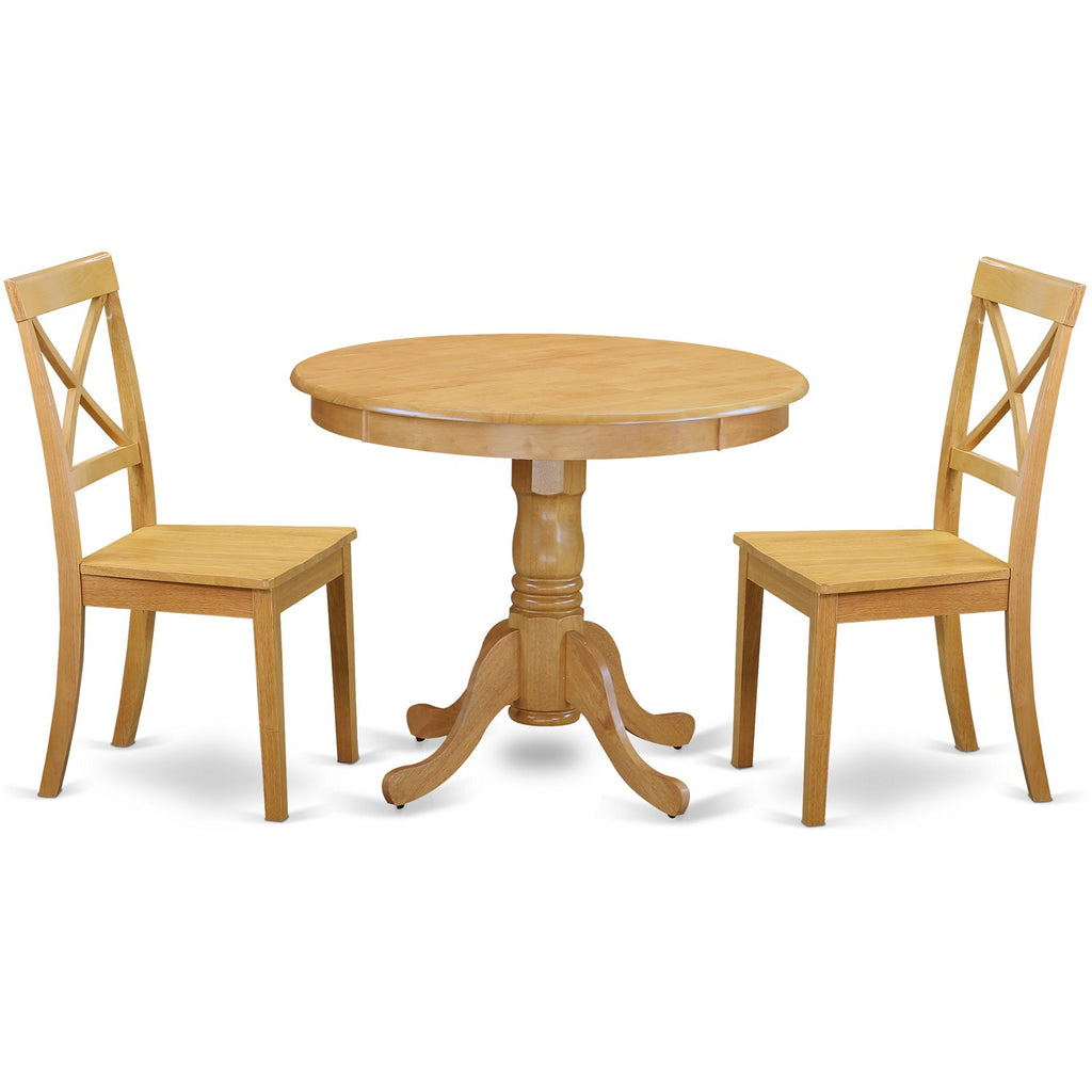 East West Furniture ANBO3-OAK-W 3 Piece Modern Dining Table Set Contains a Round Kitchen Table with Pedestal and 2 Kitchen Dining Chairs
