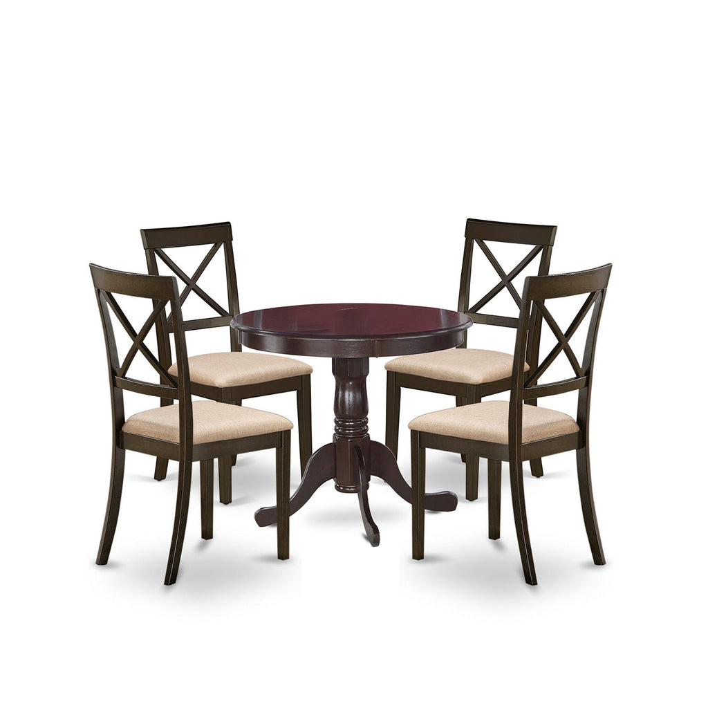East West Furniture ANBO5-CAP-C 5 Piece Kitchen Table Set for 4 Includes a Round Dining Room Table with Pedestal and 4 Linen Fabric Upholstered Dining Chairs