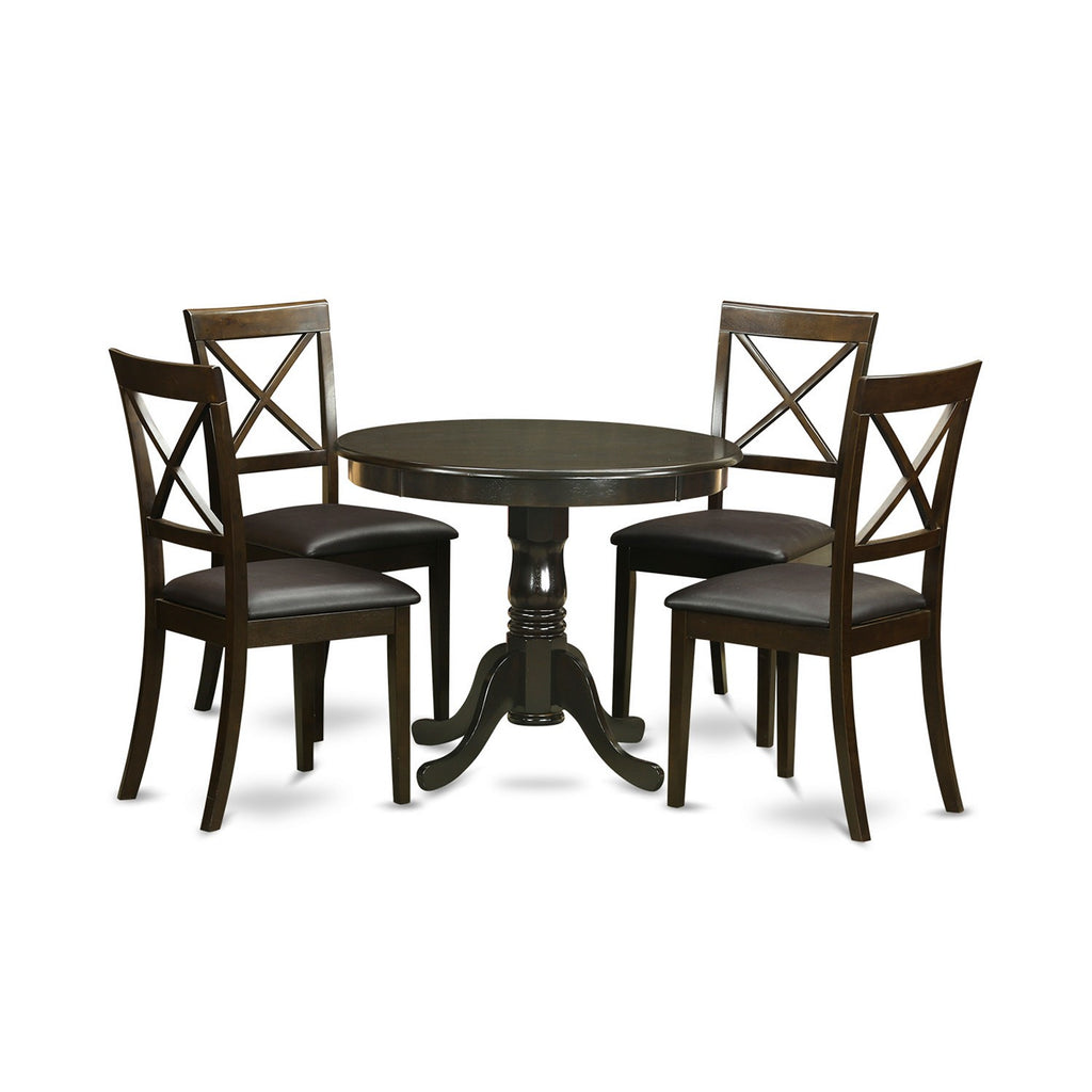 East West Furniture ANBO5-CAP-LC 5 Piece Kitchen Table Set for 4 Includes a Round Dining Table with Pedestal and 4 Faux Leather Dining Room Chairs