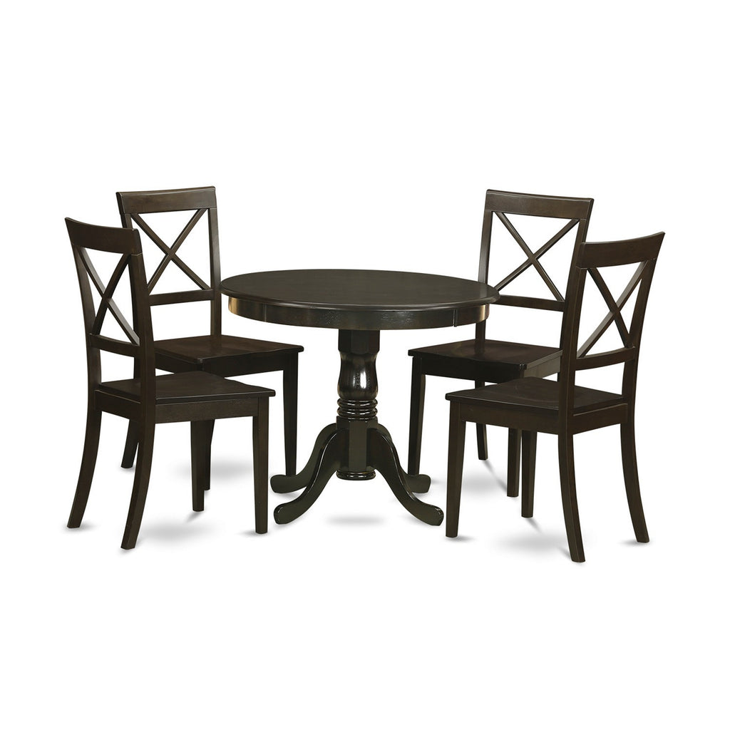 East West Furniture ANBO5-CAP-W 5 Piece Kitchen Table Set for 4 Includes a Round Dining Room Table with Pedestal and 4 Solid Wood Seat Chairs