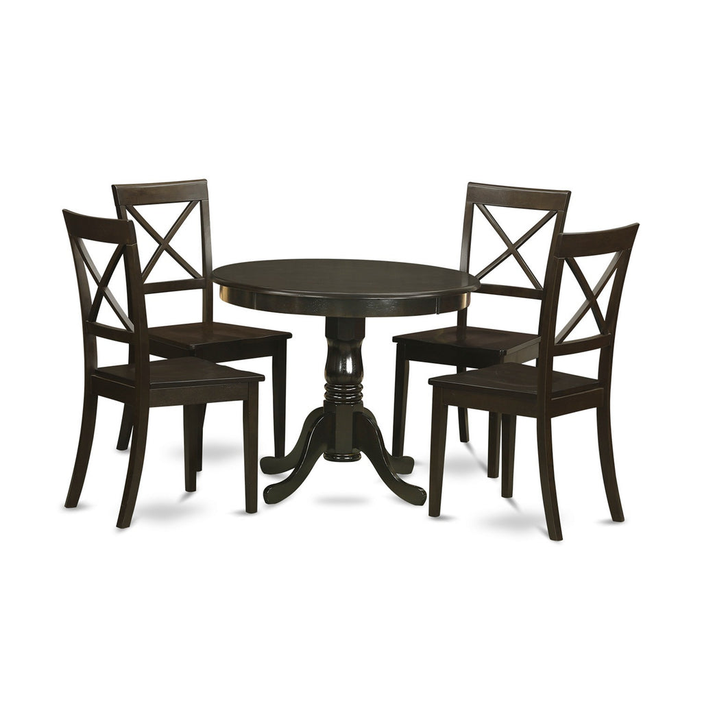East West Furniture ANBO5-CAP-W 5 Piece Kitchen Table Set for 4 Includes a Round Dining Room Table with Pedestal and 4 Solid Wood Seat Chairs, 36x36 Inch, Cappuccino