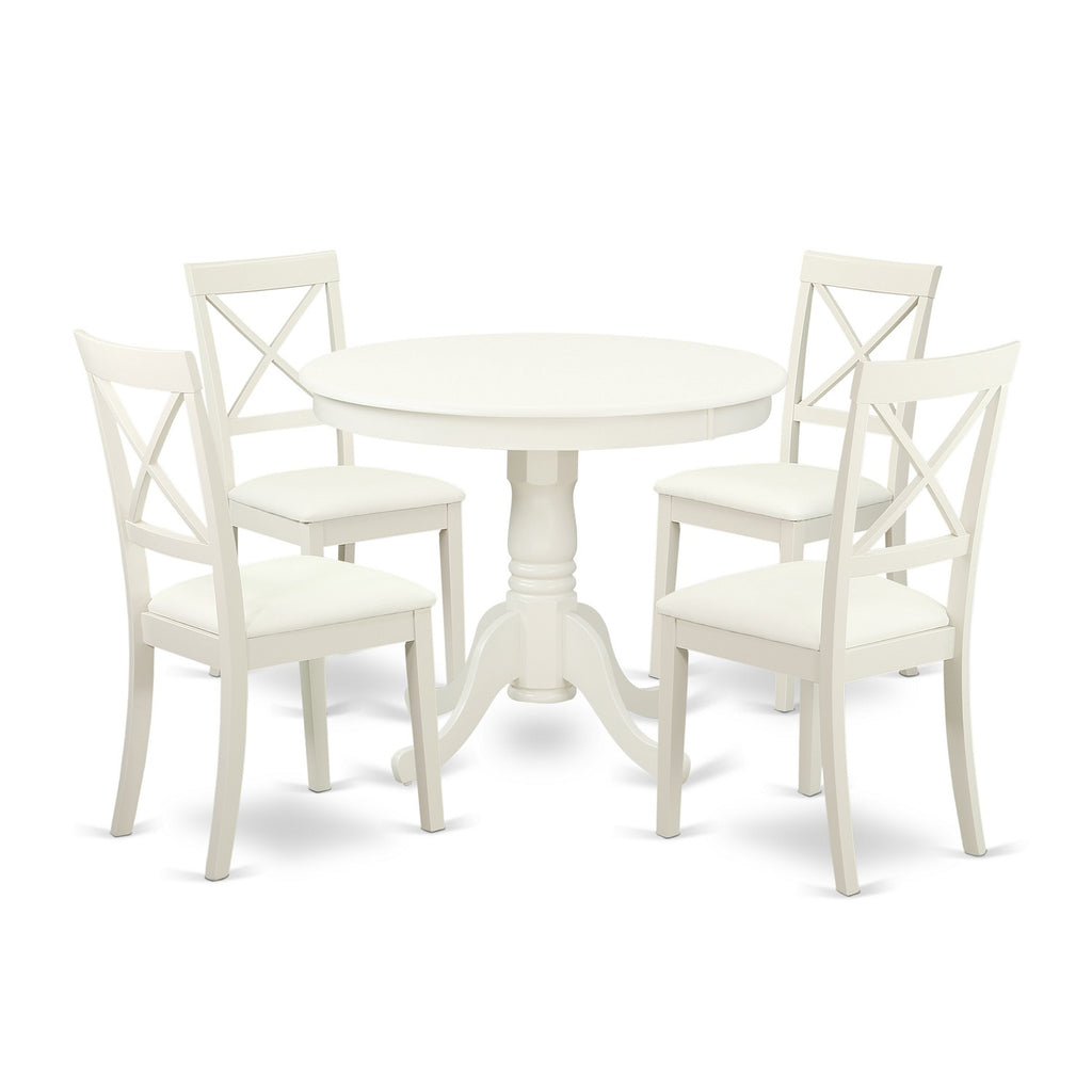 East West Furniture ANBO5-LWH-LC 5 Piece Kitchen Table Set for 4 Includes a Round Dining Table with Pedestal and 4 Faux Leather Dining Room Chairs