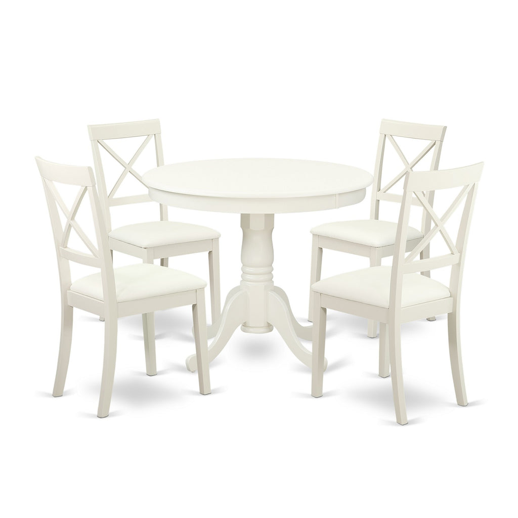 East West Furniture ANBO5-LWH-LC 5 Piece Kitchen Table Set for 4 Includes a Round Dining Table with Pedestal and 4 Faux Leather Dining Room Chairs, 36x36 Inch, Linen White