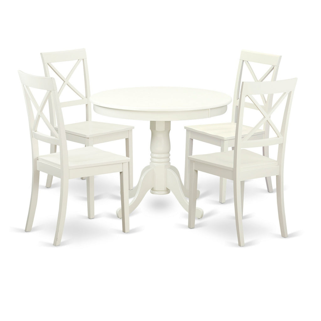 East West Furniture ANBO5-LWH-W 5 Piece Dinette Set for 4 Includes a Round Kitchen Table with Pedestal and 4 Dining Chairs, 36x36 Inch, Linen White