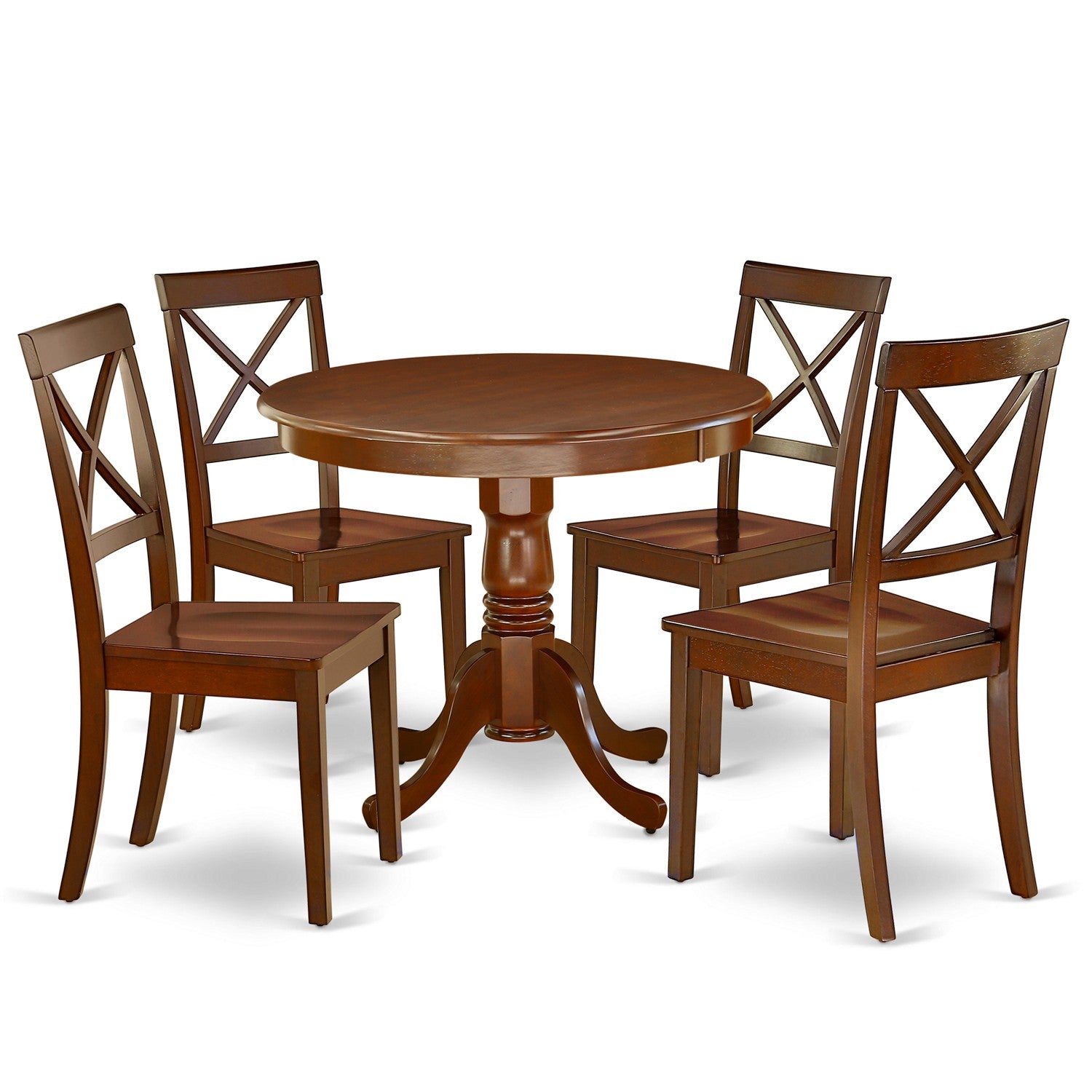 ANBO5-MAH-W 5Pc Rounded 36" Dining Room Table And Four Wood Seat Dining Chairs