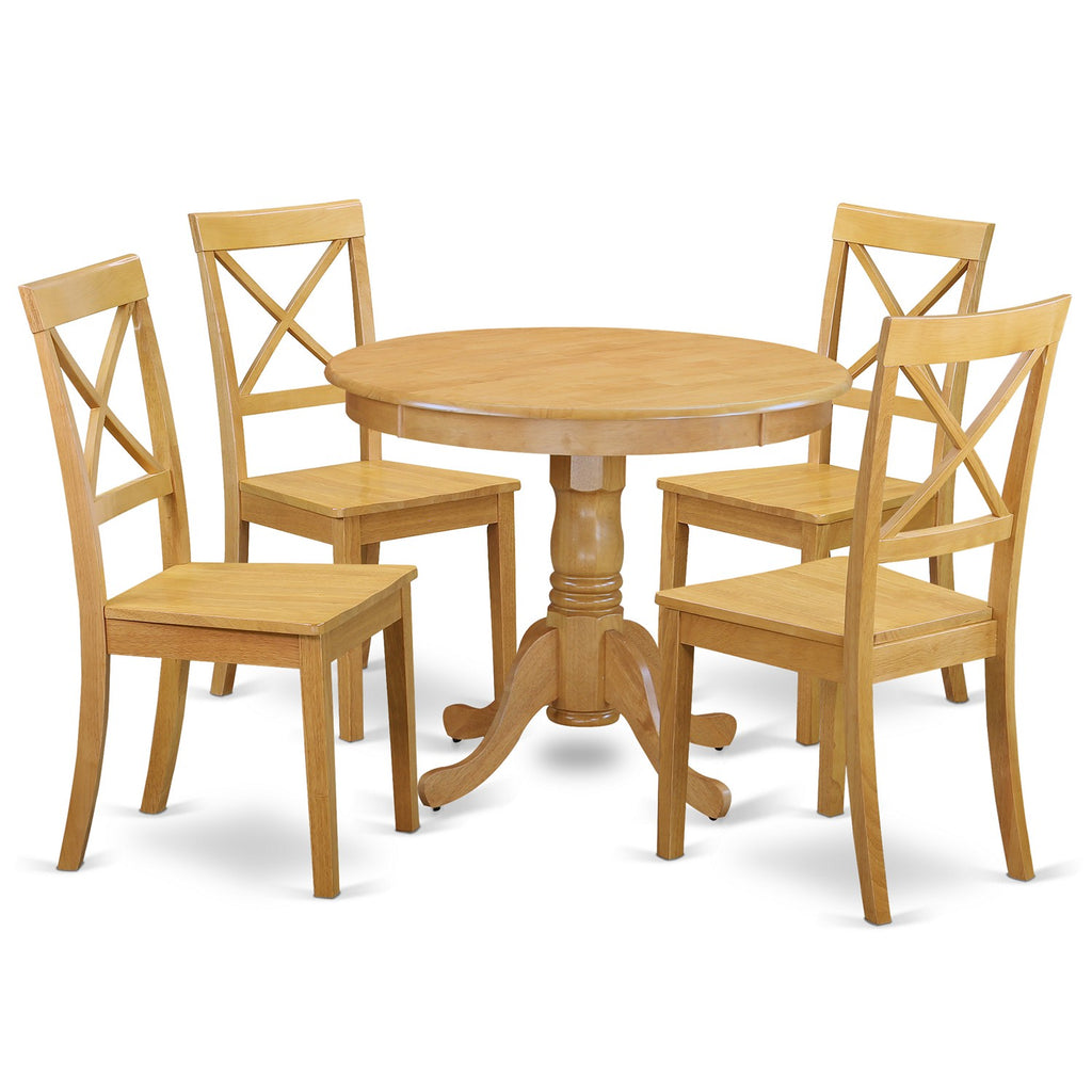 East West Furniture ANBO5-OAK-W 5 Piece Modern Dining Table Set Includes a Round Kitchen Table with Pedestal and 4 Dining Chairs, 36x36 Inch, Oak