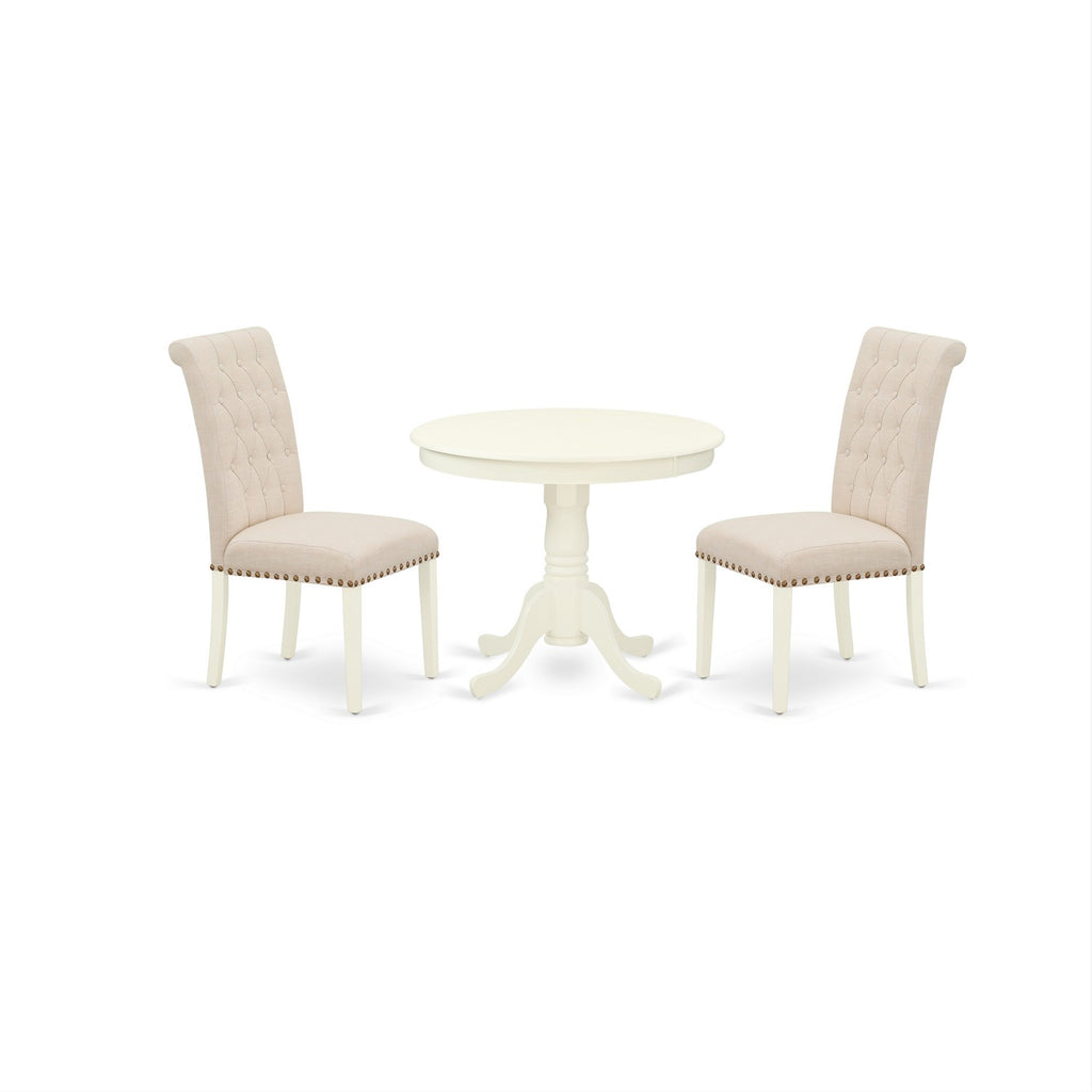 East West Furniture ANBR3-LWH-02 3 Piece Dining Table Set Contains a Round Dining Room Table with Pedestal and 2 Light Beige Linen Fabric Upholstered Chairs, 36x36 Inch, Linen White