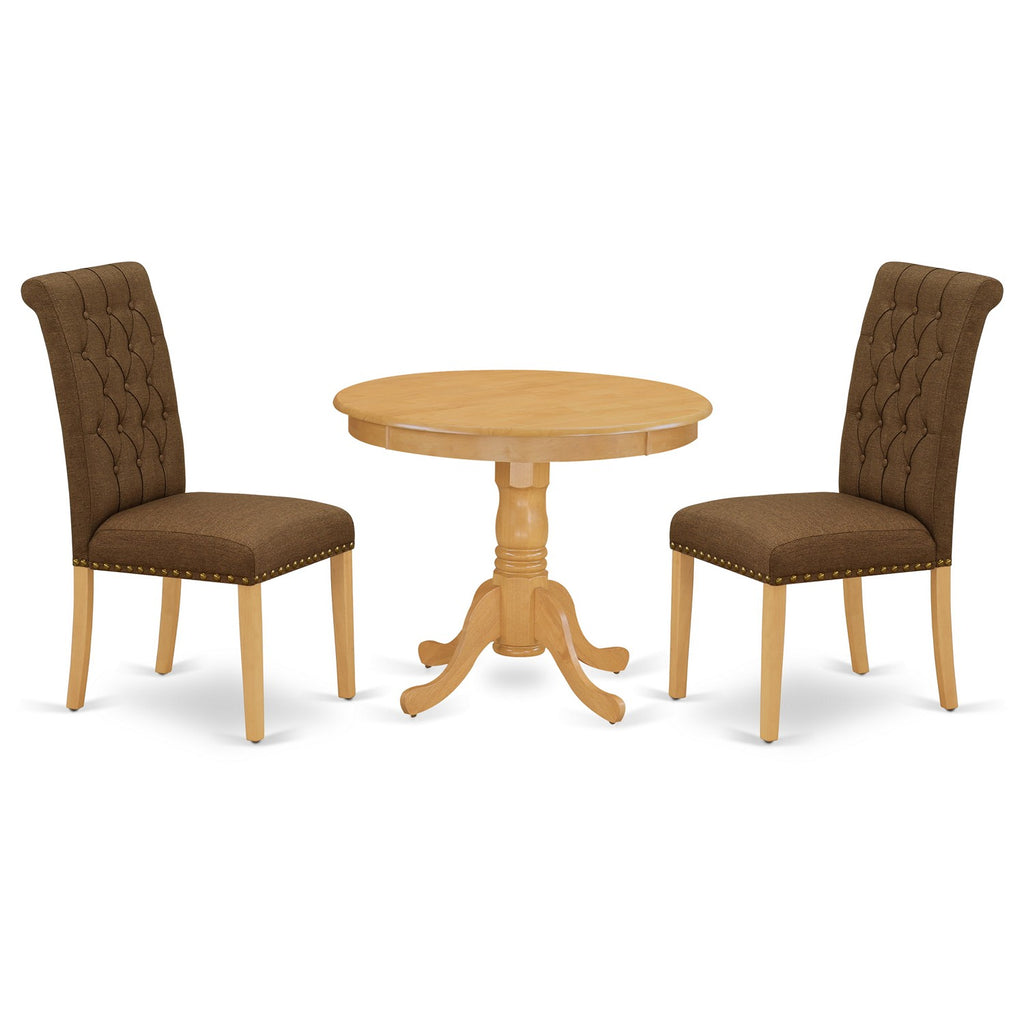 East West Furniture ANBR3-OAK-18 3 Piece Dining Room Table Set  Contains a Round Kitchen Table with Pedestal and 2 Brown Linen Linen Fabric Parsons Dining Chairs