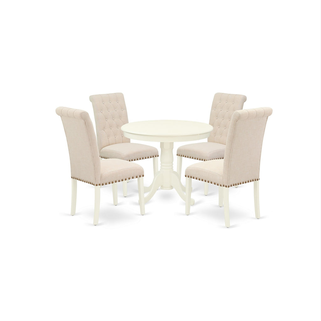 East West Furniture ANBR5-LWH-02 5 Piece Dining Room Table Set Includes a Round Kitchen Table with Pedestal and 4 Light Beige Linen Fabric Parsons Dining Chairs