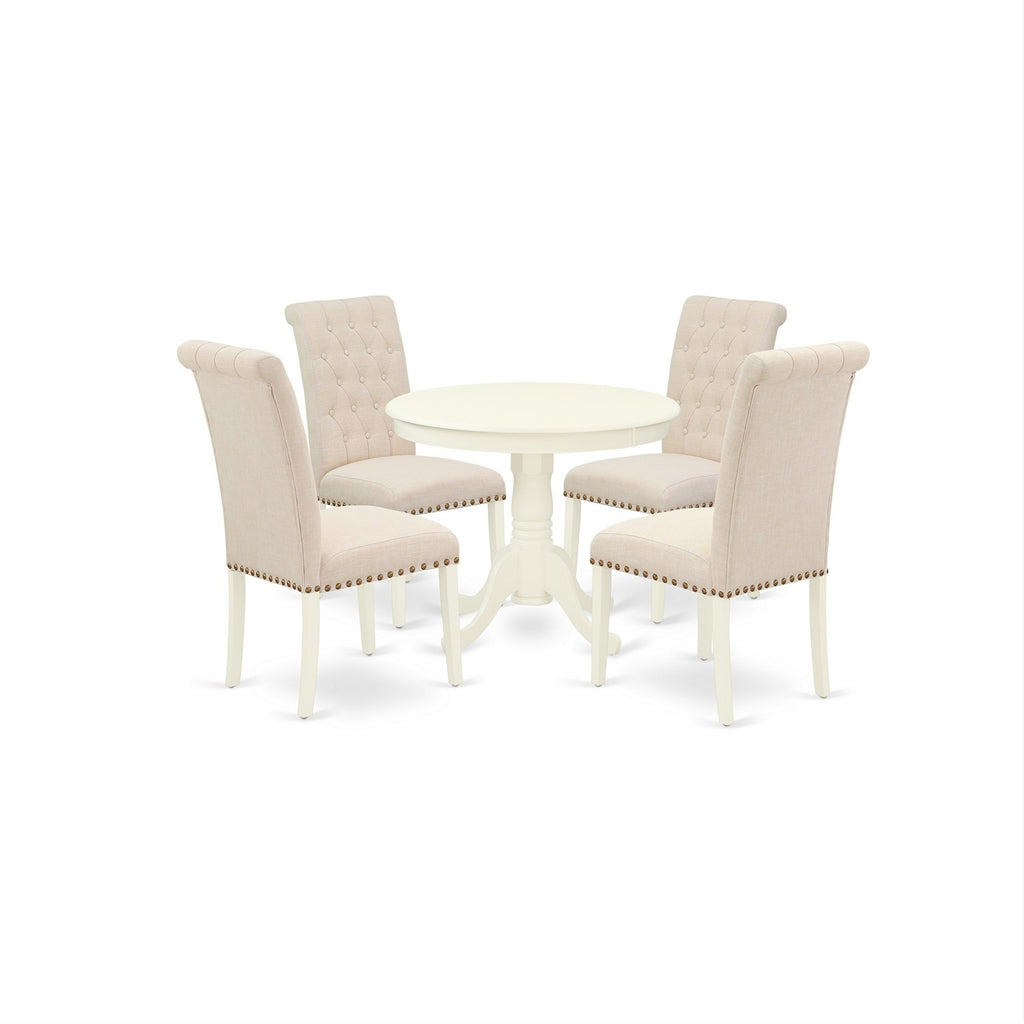 East West Furniture ANBR5-LWH-02 5 Piece Dining Room Table Set Includes a Round Kitchen Table with Pedestal and 4 Light Beige Linen Fabric Parsons Dining Chairs, 36x36 Inch, Linen White