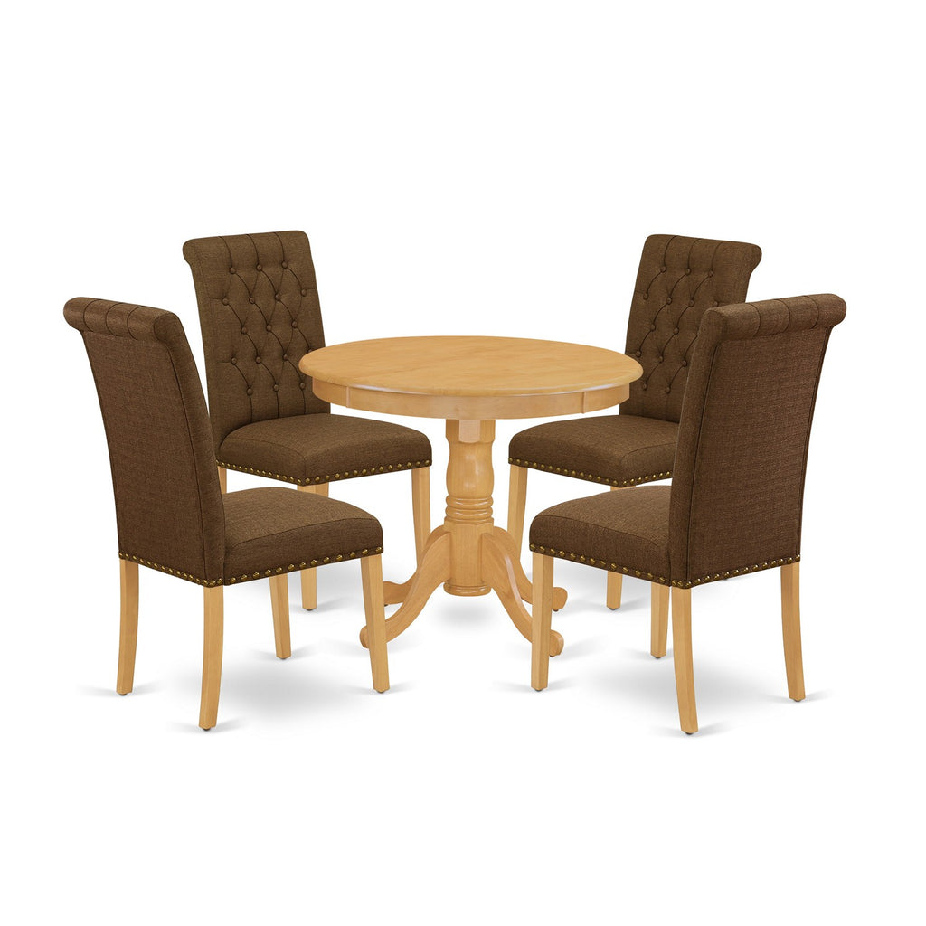 East West Furniture ANBR5-OAK-18 5 Piece Kitchen Table Set for 4 Includes a Round Dining Room Table with Pedestal and 4 Brown Linen Linen Fabric Upholstered Chairs