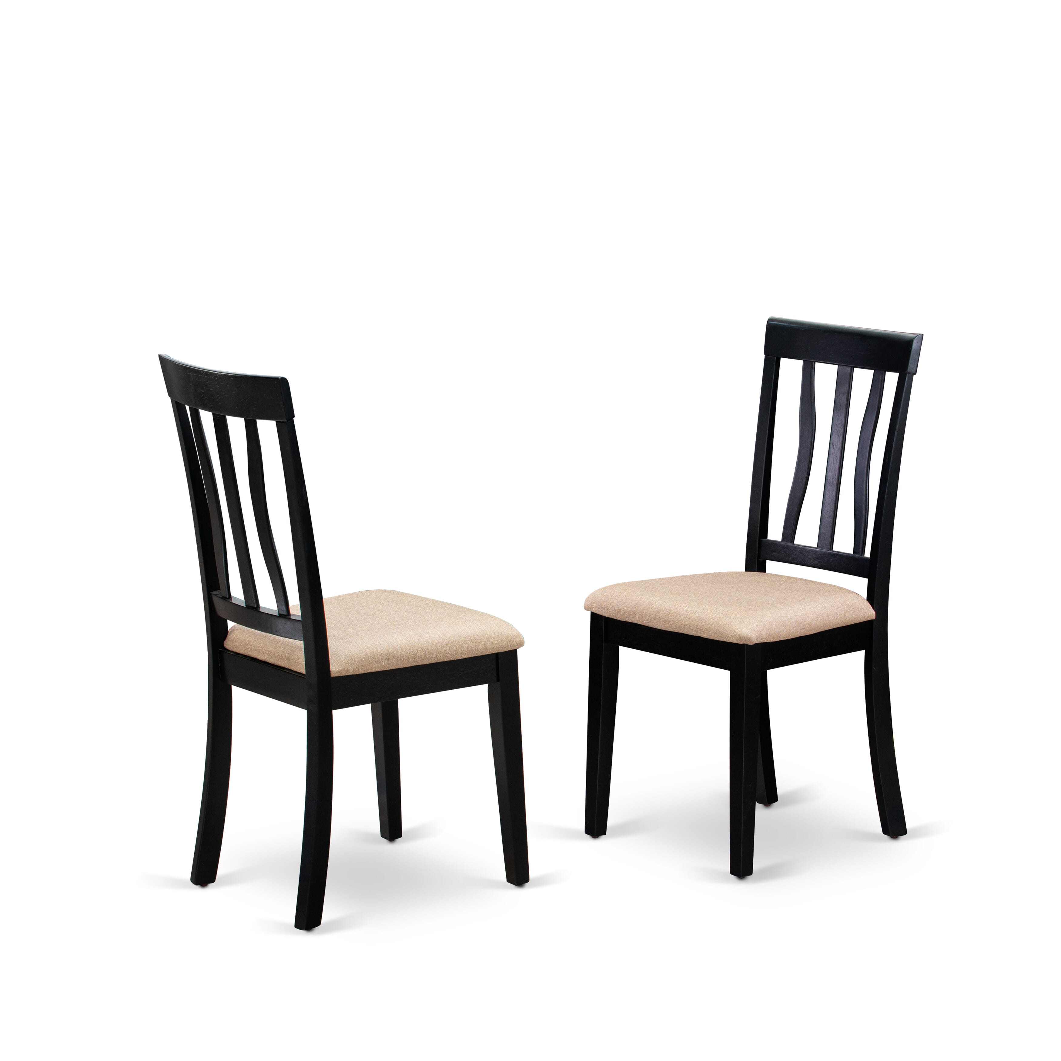 East West Furniture AMAN3-BCH-C 3-Pc Mid Century Table Set Contains a Dining Room Table and 2 Linen Fabric Mid Century Dining Chairs with Slatted Back - Black Finish