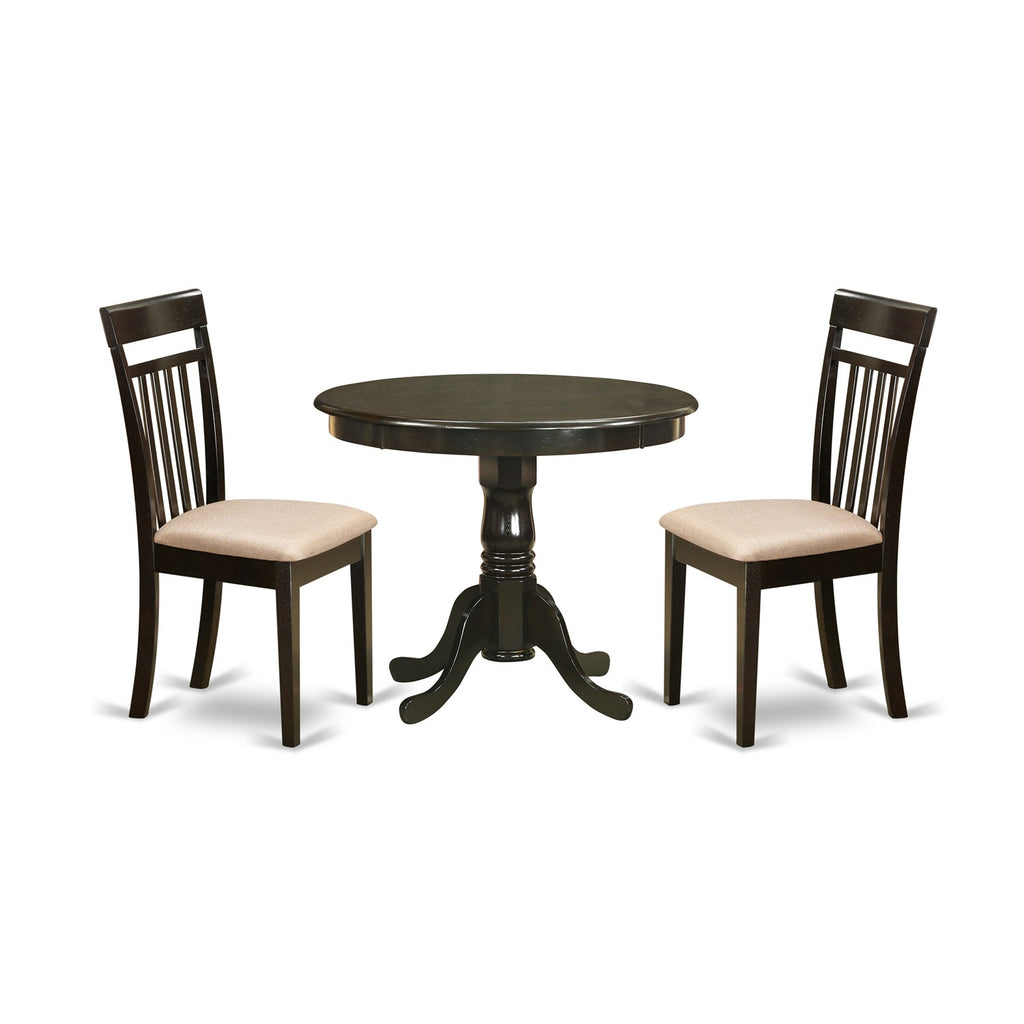 East West Furniture ANCA3-CAP-C 3 Piece Kitchen Table Set for Small Spaces Contains a Round Dining Table with Pedestal and 2 Linen Fabric Dining Room Chairs, 36x36 Inch, Cappuccino
