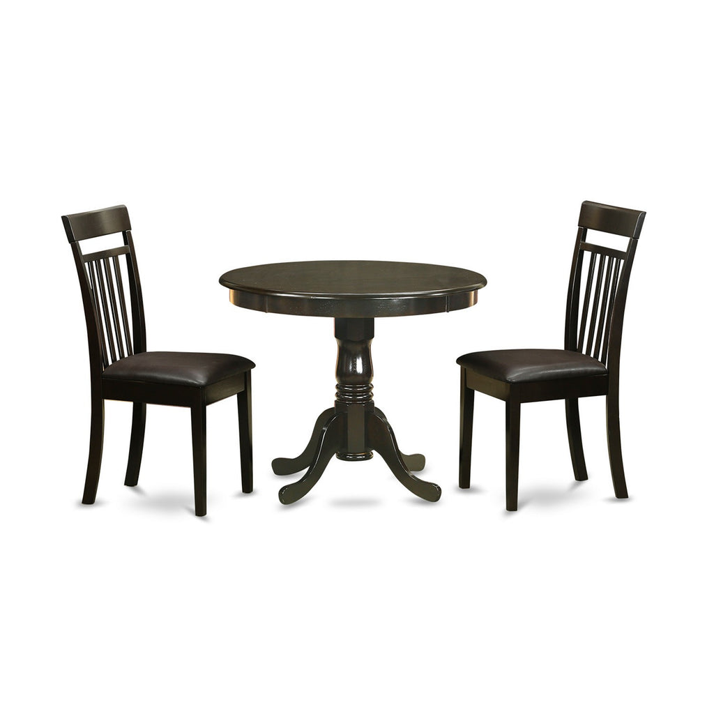 East West Furniture ANCA3-CAP-LC 3 Piece Dining Room Table Set  Contains a Round Wooden Table with Pedestal and 2 Faux Leather Kitchen Dining Chairs, 36x36 Inch, Cappuccino