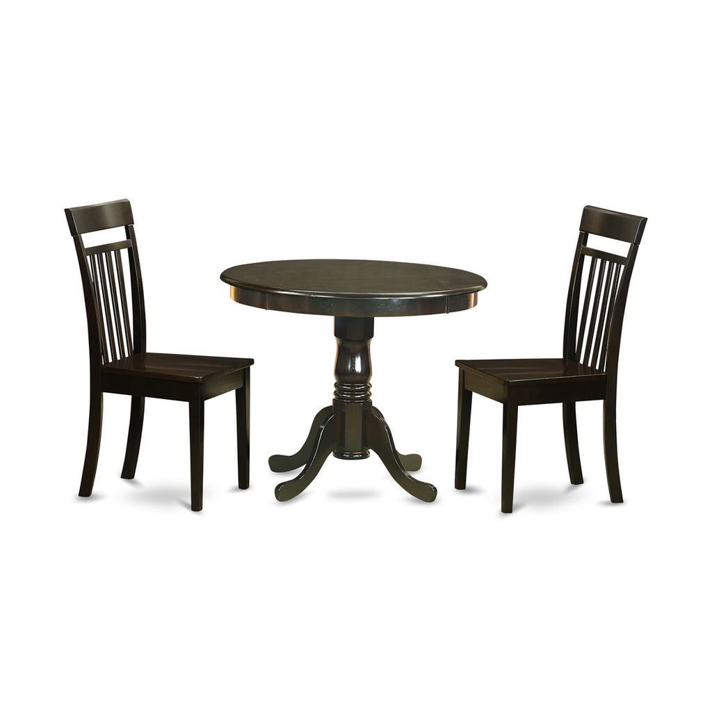 East West Furniture ANCA3-CAP-W 3 Piece Dining Table Set for Small Spaces Contains a Round Kitchen Table with Pedestal and 2 Dining Room Chairs