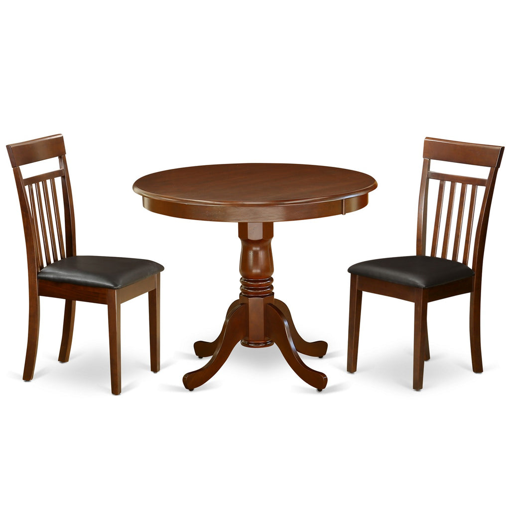 East West Furniture ANCA3-MAH-LC 3 Piece Kitchen Table Set for Small Spaces Contains a Round Dining Room Table with Pedestal and 2 Faux Leather Upholstered Chairs