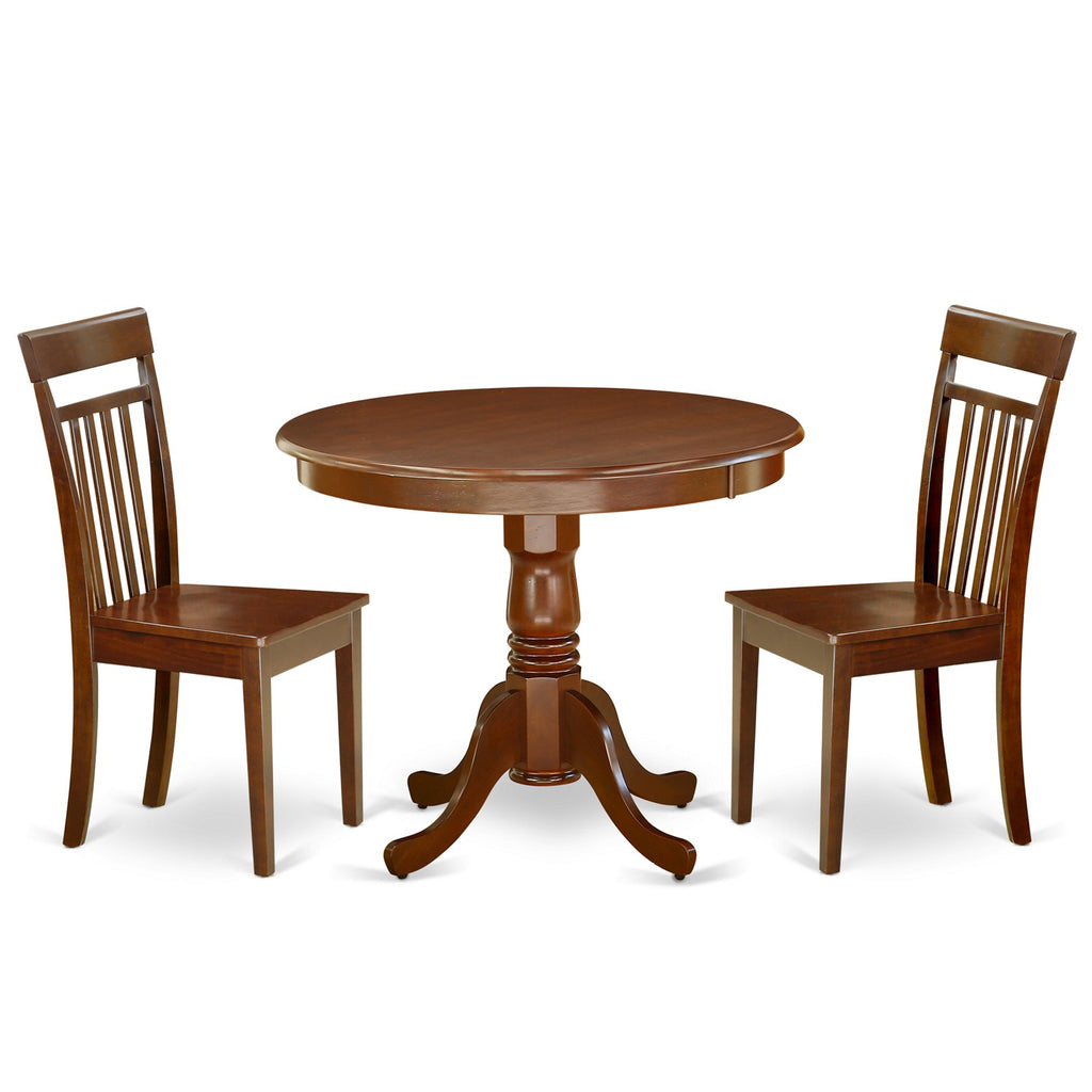 East West Furniture ANCA3-MAH-W 3 Piece Dining Table Set for Small Spaces Contains a Round Kitchen Table with Pedestal and 2 Dining Room Chairs