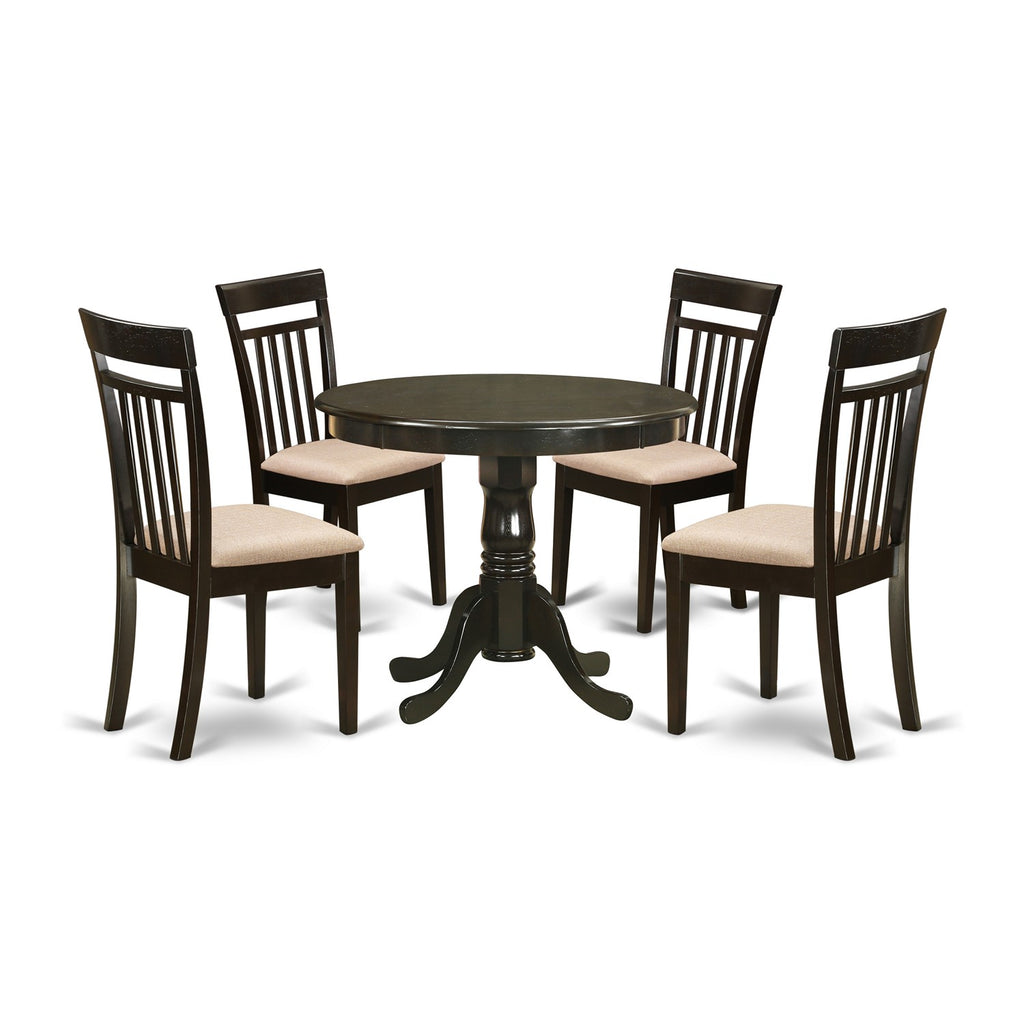 East West Furniture ANCA5-CAP-C 5 Piece Kitchen Table Set for 4 Includes a Round Dining Room Table with Pedestal and 4 Linen Fabric Upholstered Dining Chairs, 36x36 Inch, Cappuccino
