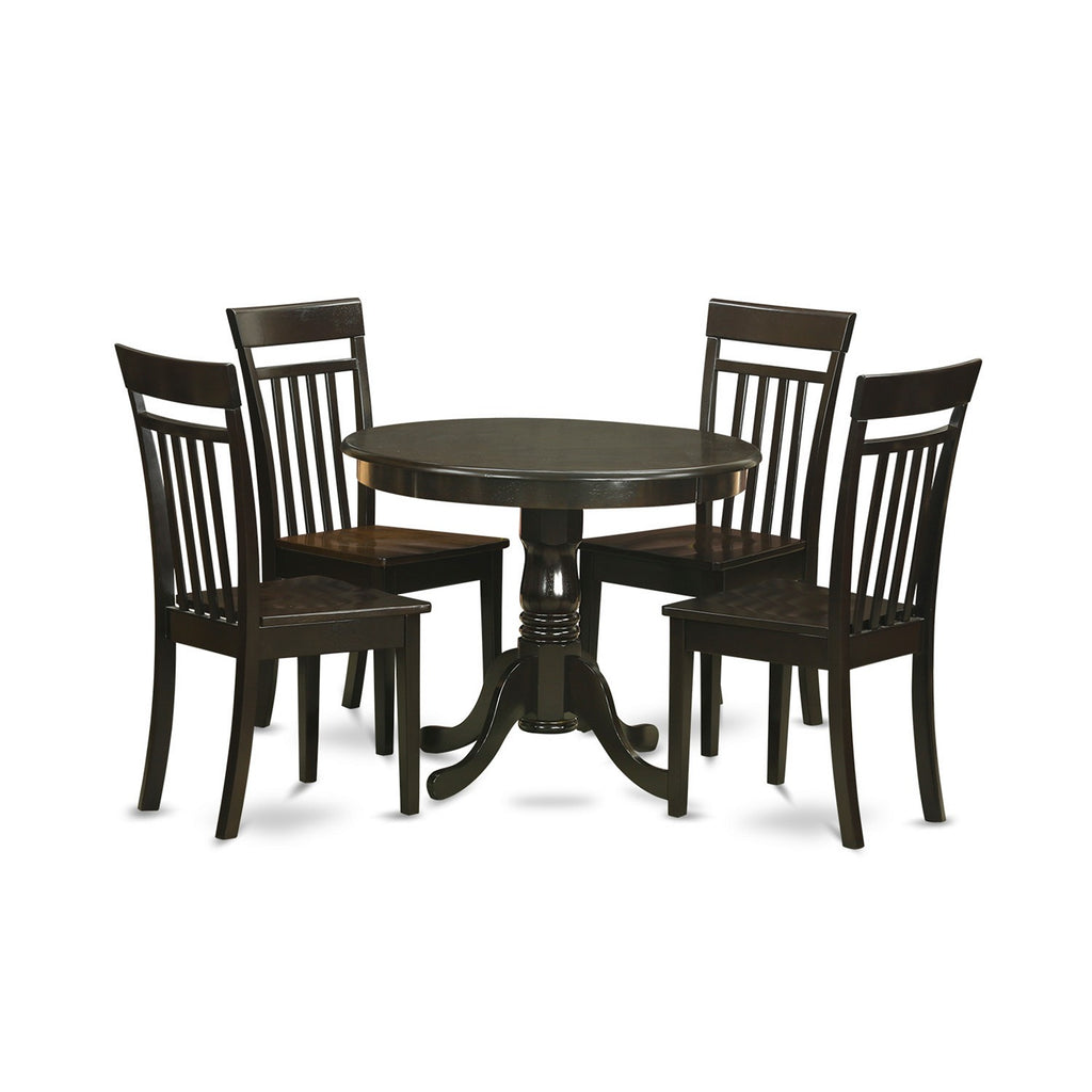 East West Furniture ANCA5-CAP-W 5 Piece Dining Set Includes a Round Dining Room Table with Pedestal and 4 Wood Seat Chairs