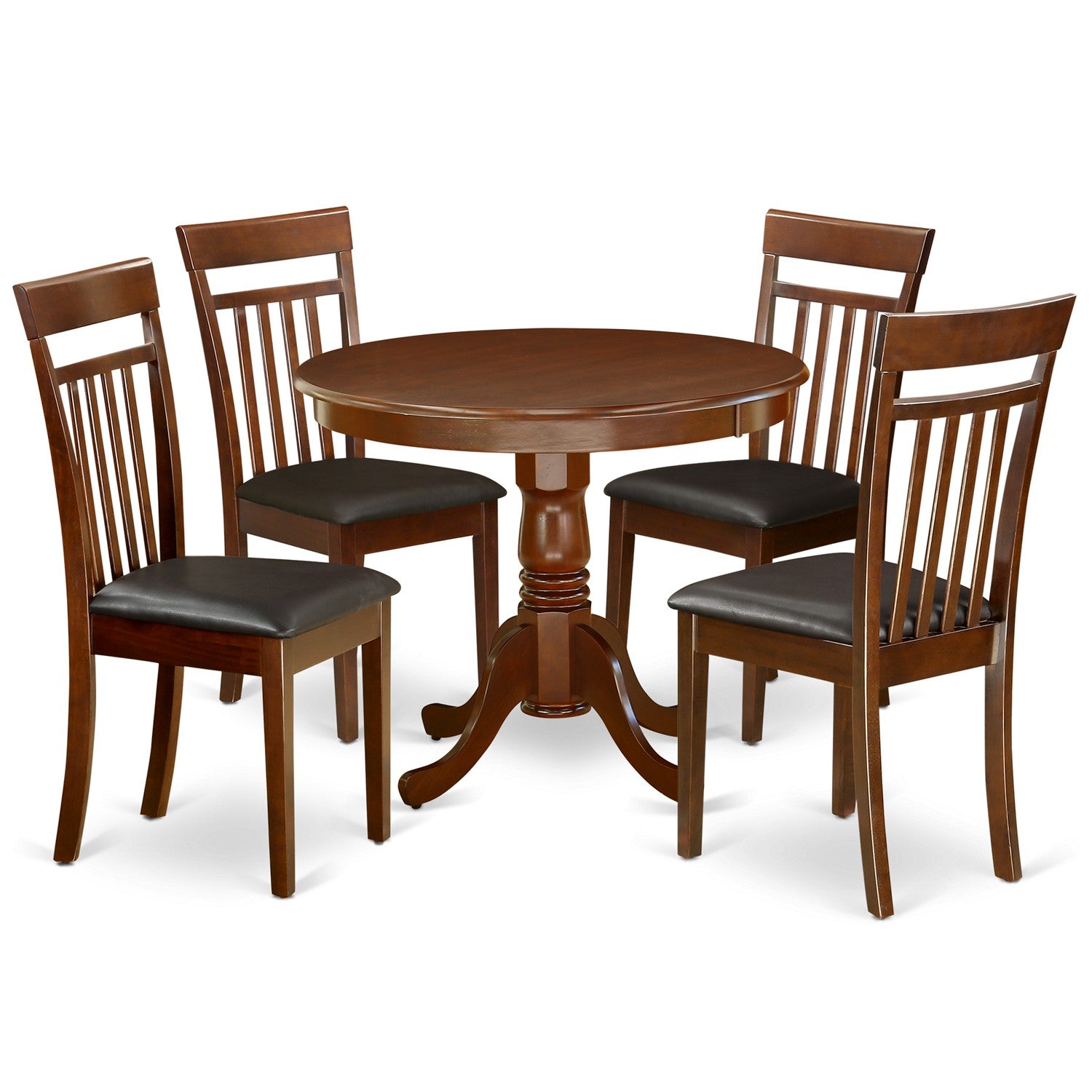 ANCA5-MAH-LC 5Pc Rounded 36" Dining Room Table And Four Faux Leather Seat Chairs