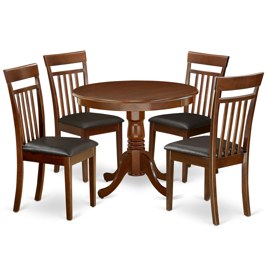 East West Furniture ANCA5-MAH-LC 5 Piece Dining Table Set for 4 Includes a Round Kitchen Table with Pedestal and 4 Faux Leather Dining Room Chairs