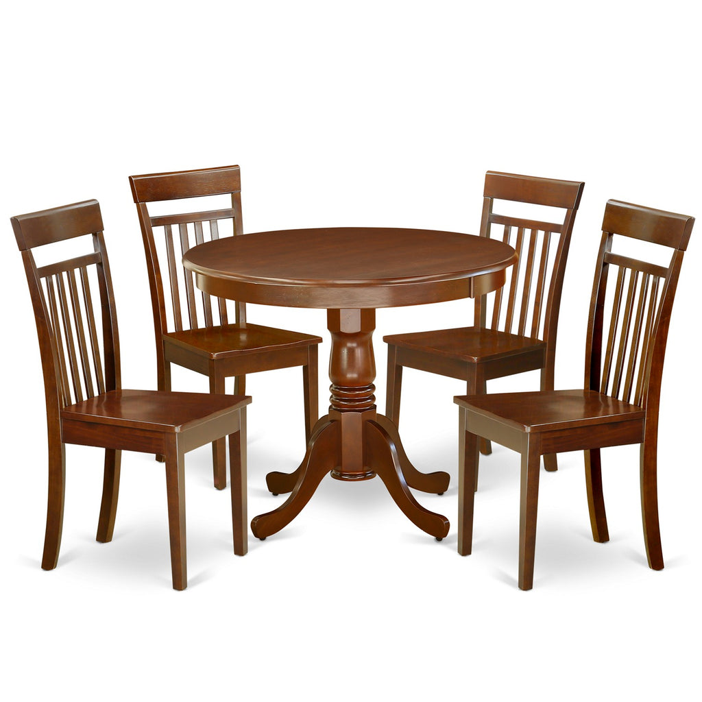 East West Furniture ANCA5-MAH-W 5 Piece Dining Room Table Set Includes a Round Kitchen Table with Pedestal and 4 Dining Chairs
