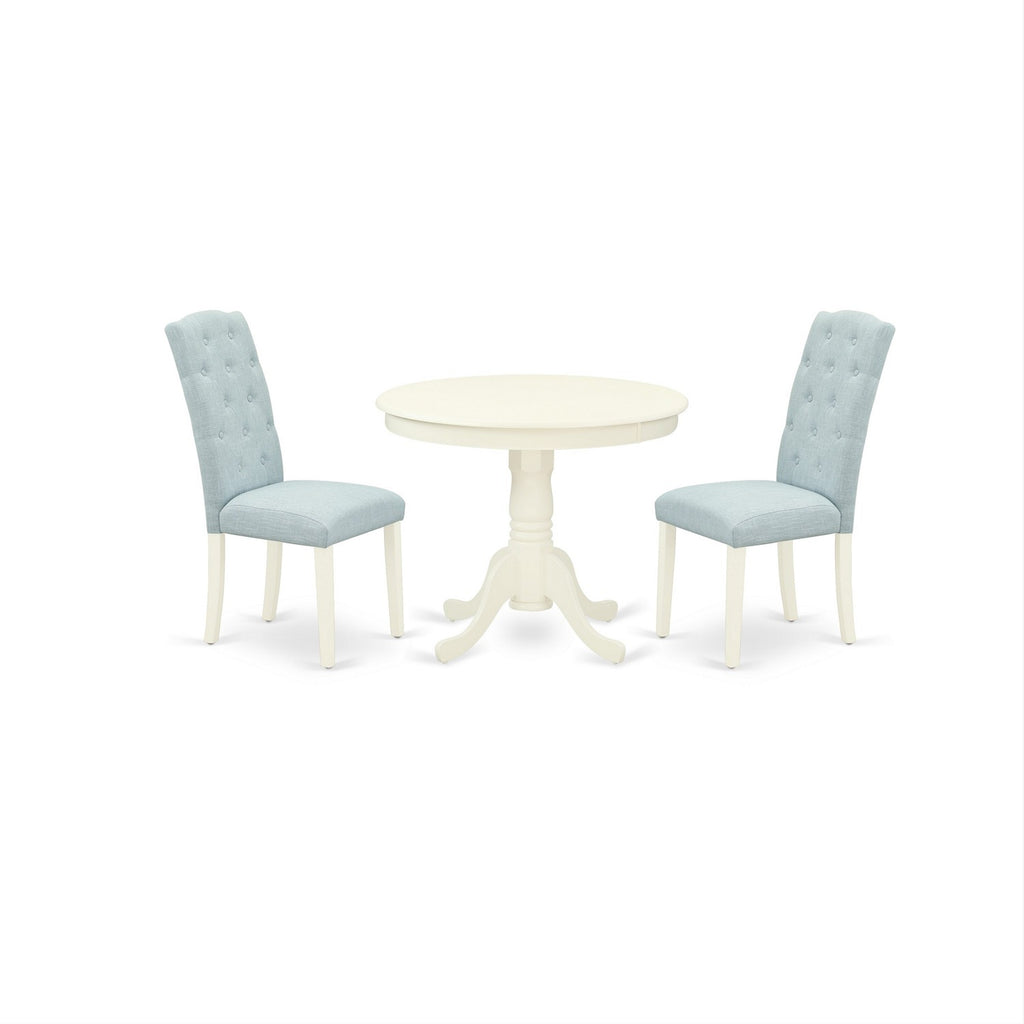 East West Furniture ANCE3-LWH-15 3 Piece Modern Dining Table Set Contains a Round Kitchen Table with Pedestal and 2 Baby Blue Linen Fabric Parsons Dining Chairs