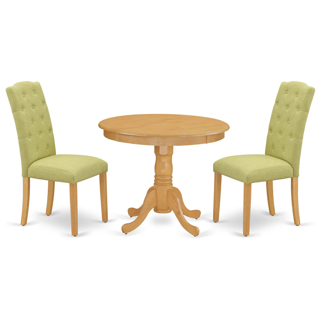 East West Furniture ANCE3-OAK-07 3 Piece Dining Set Contains a Round Kitchen Table with Pedestal and 2 Limelight Linen Fabric Upholstered Parson Chairs