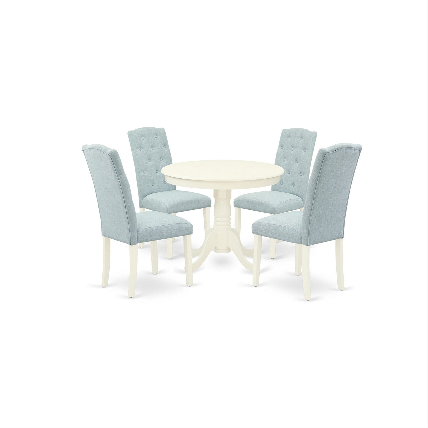 Juego de comedor de 5 piezas East West Furniture ANCE5-LWH-15 para 4 personas. Incluye una mesa de cocina redonda con pedestal y 4 sillas Parson tapizadas en tela de lino azul bebé.