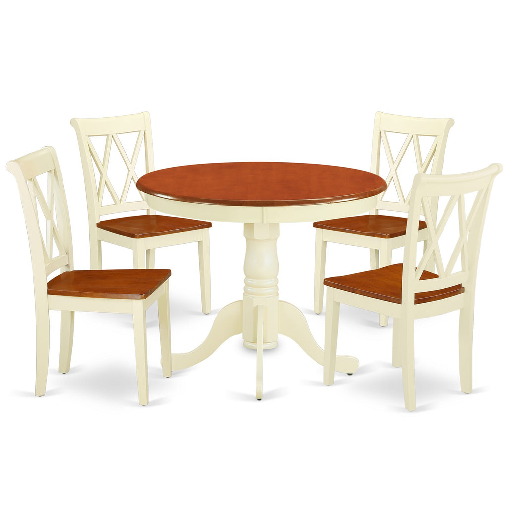 East West Furniture ANCL5-BMK-W 5 Piece  Dining Table Set for 4 Includes a Round Kitchen Table with Pedestal and 4 Dining Room Chairs, 36x36 Inch, Buttermilk & Cherry