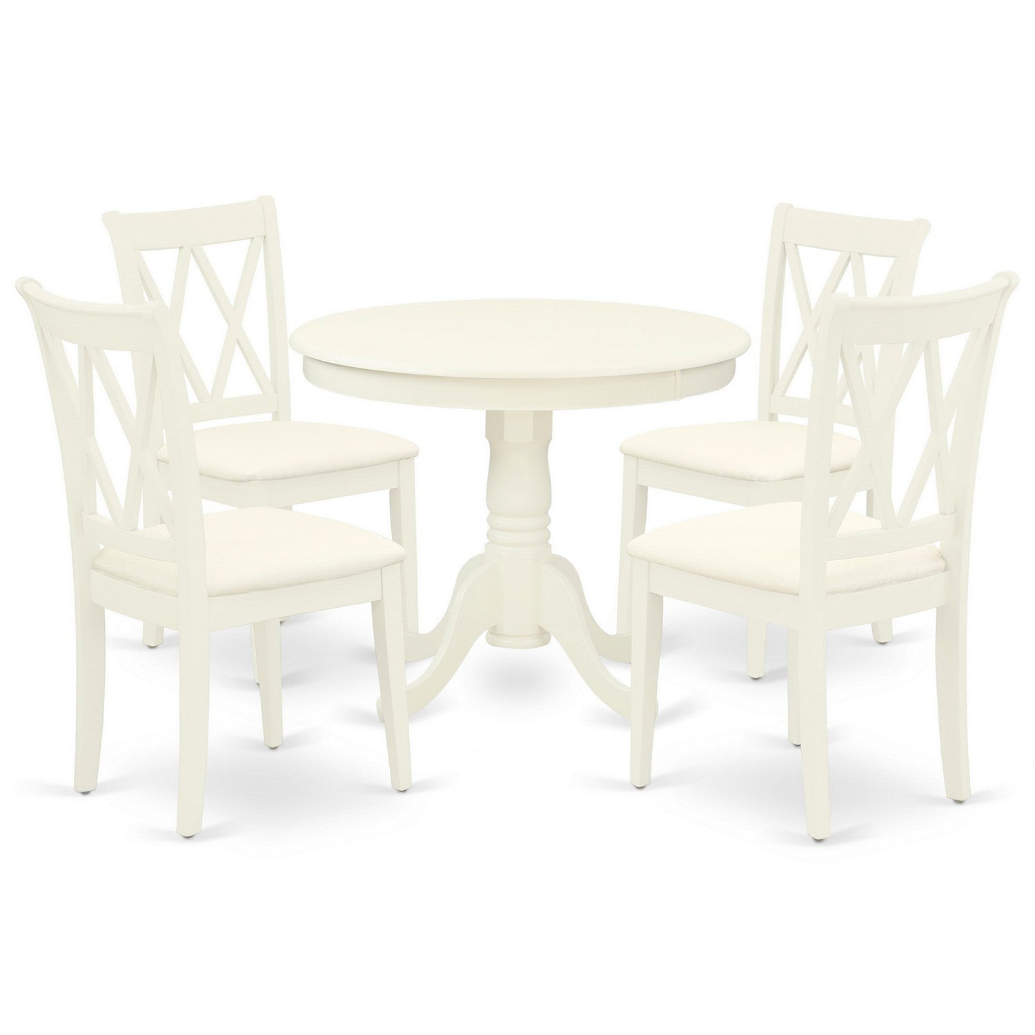 Juego de mesa de comedor de 5 piezas East West Furniture ANCL5-LWH-C. Incluye una mesa redonda de madera con pedestal y 4 sillas de comedor de cocina de tela de lino.