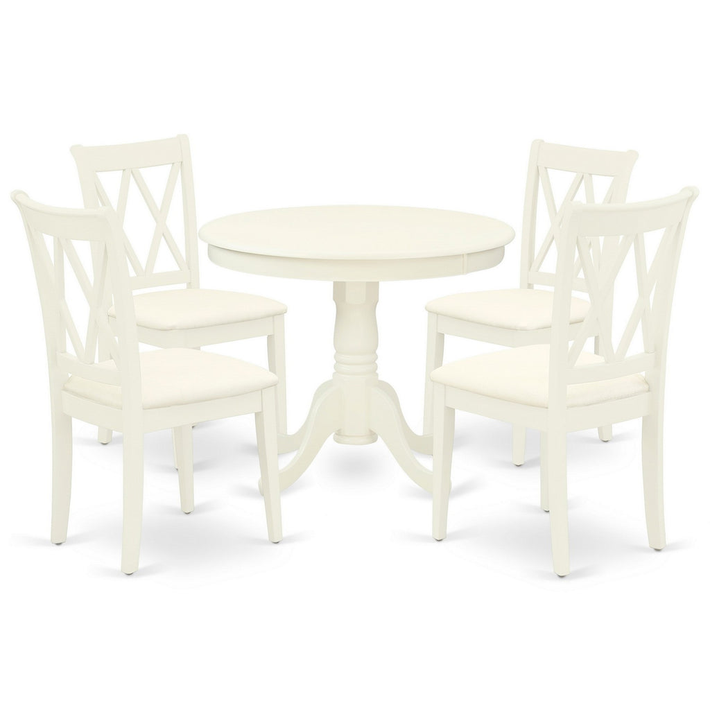 Juego de mesa de comedor de 5 piezas East West Furniture ANCL5-LWH-C. Incluye una mesa redonda de madera con pedestal y 4 sillas de comedor de cocina de tela de lino.