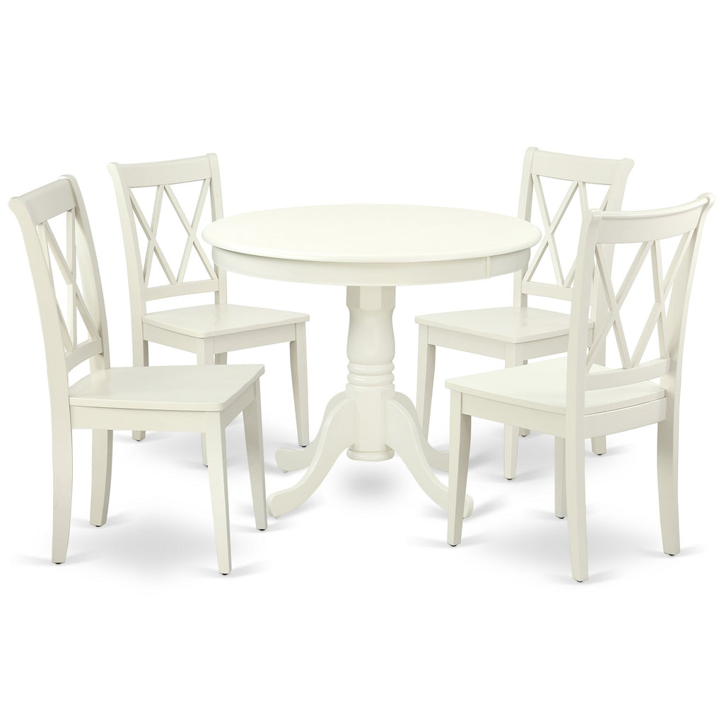 Juego de mesa de comedor East West Furniture ANCL5-LWH-W de 5 piezas para 4 personas. Incluye una mesa de cocina redonda con pedestal y 4 sillas de comedor de cocina.
