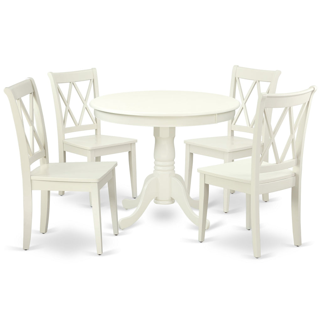 East West Furniture ANCL5-LWH-W 5 Piece  Dining Table Set for 4 Includes a Round Kitchen Table with Pedestal and 4 Kitchen Dining Chairs, 36x36 Inch, Linen White