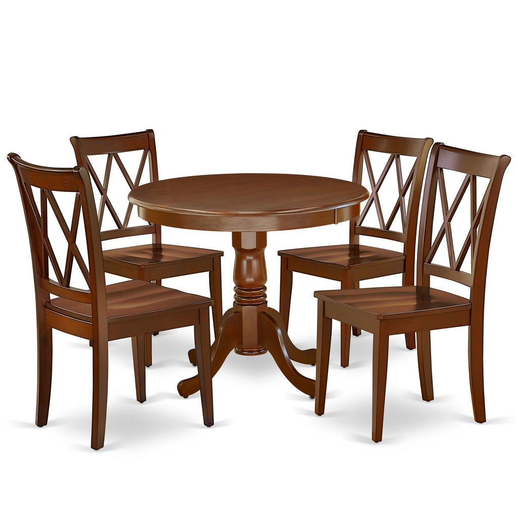 Juego de mesa de comedor East West Furniture ANCL5-MAH-W de 5 piezas para 4 personas. Incluye una mesa de cocina redonda con pedestal y 4 sillas de comedor de cocina.