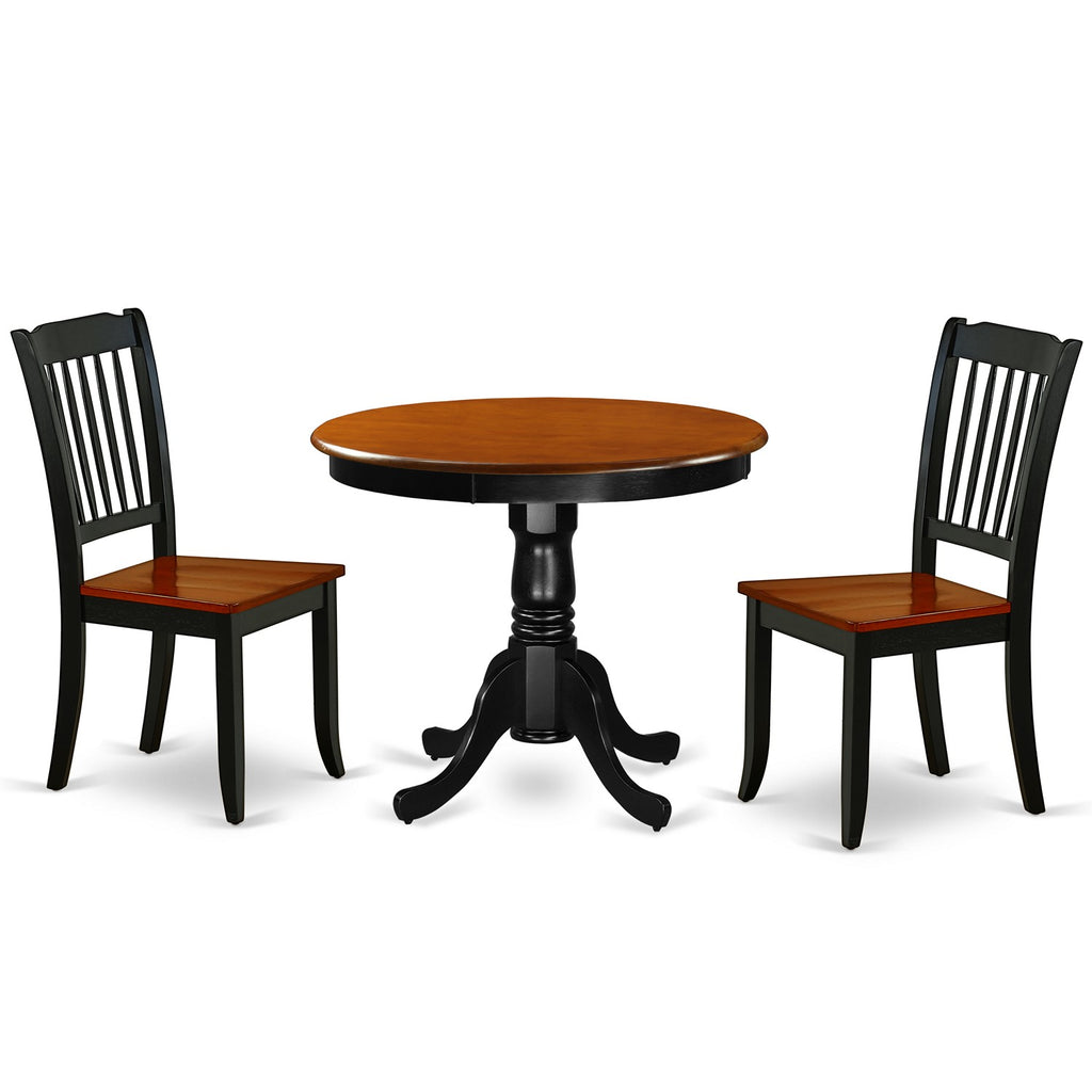 East West Furniture ANDA3-BCH-W 3 Piece Dining Table Set for Small Spaces Contains a Round Kitchen Table with Pedestal and 2 Kitchen Dining Chairs