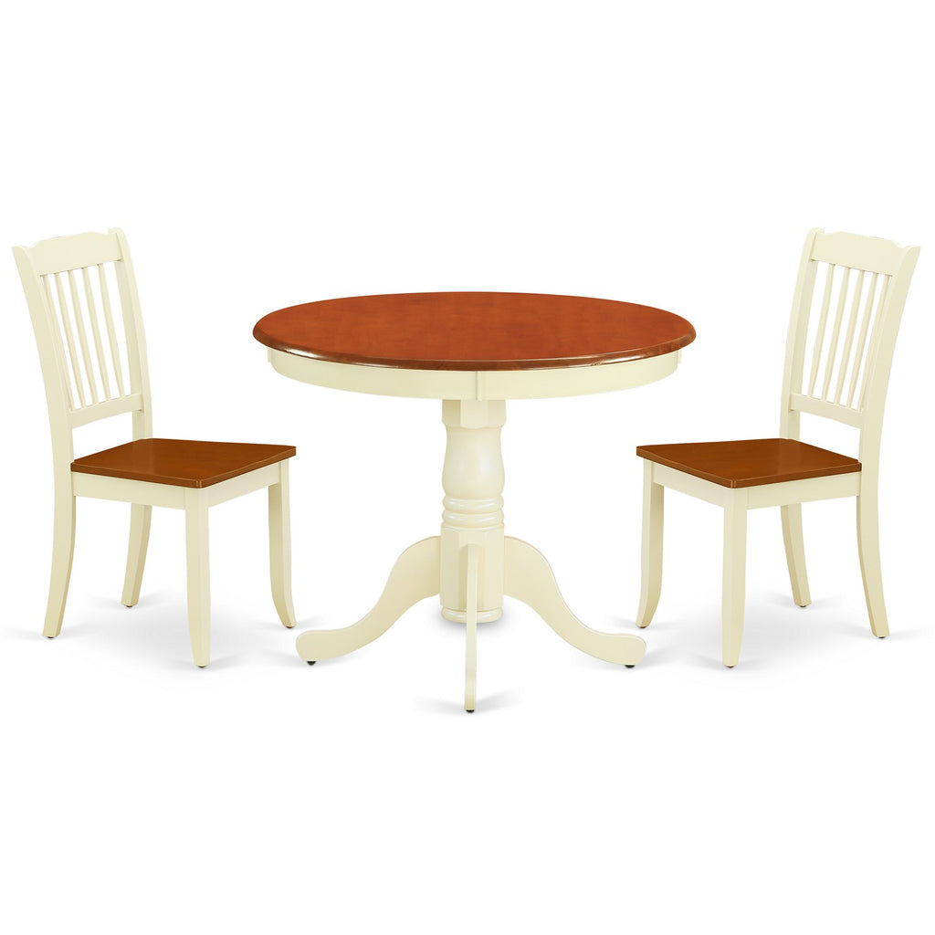 East West Furniture ANDA3-BMK-W 3 Piece Kitchen Table Set for Small Spaces Contains a Round Dining Table with Pedestal and 2 Dining Room Chairs, 36x36 Inch, Buttermilk & Cherry
