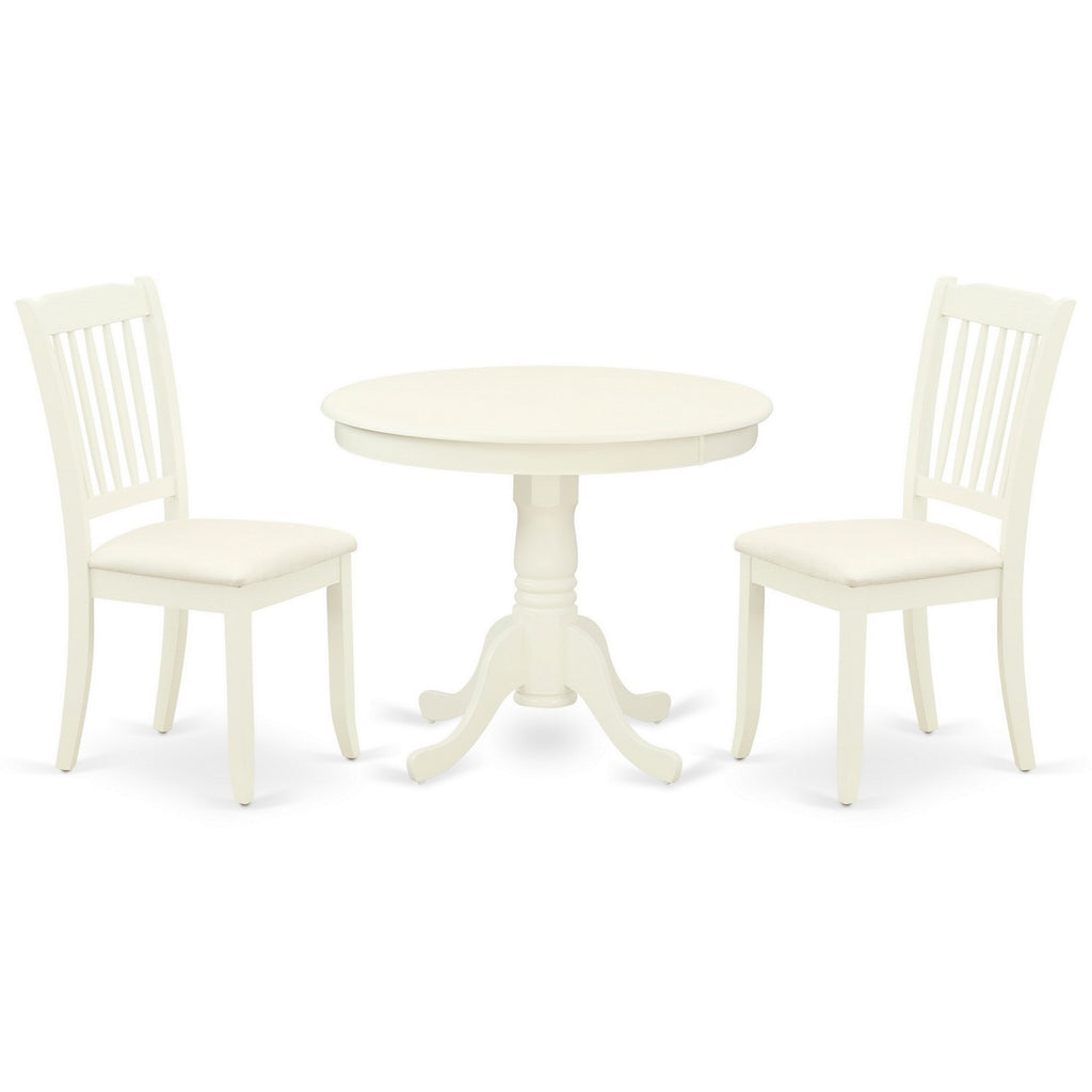 East West Furniture ANDA3-LWH-C 3 Piece Kitchen Table & Chairs Set Contains a Round Dining Room Table with Pedestal and 2 Linen Fabric Upholstered Dining Chairs, 36x36 Inch, Linen White