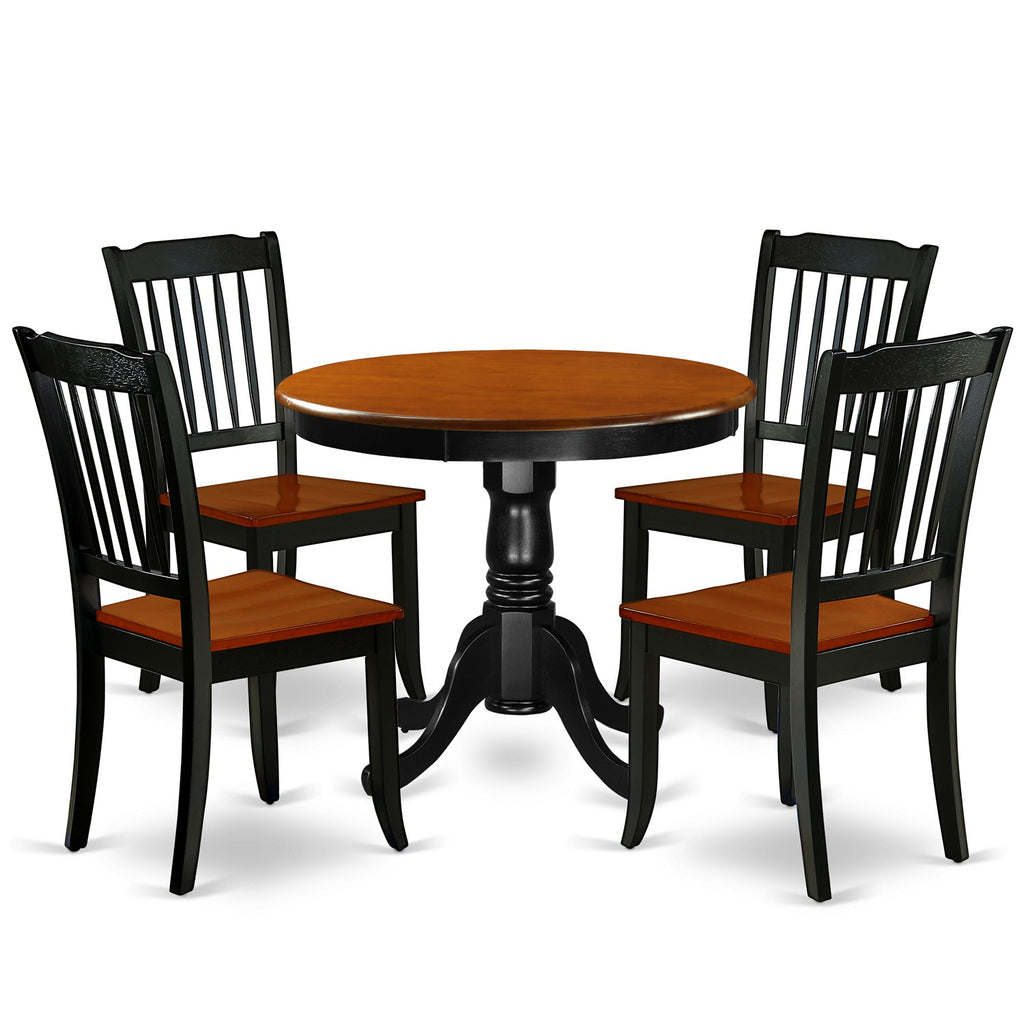 Juego de mesa de comedor de 5 piezas ANDA5-BCH-W de East West Furniture. Incluye una mesa redonda de madera con pedestal y 4 sillas de comedor de cocina.