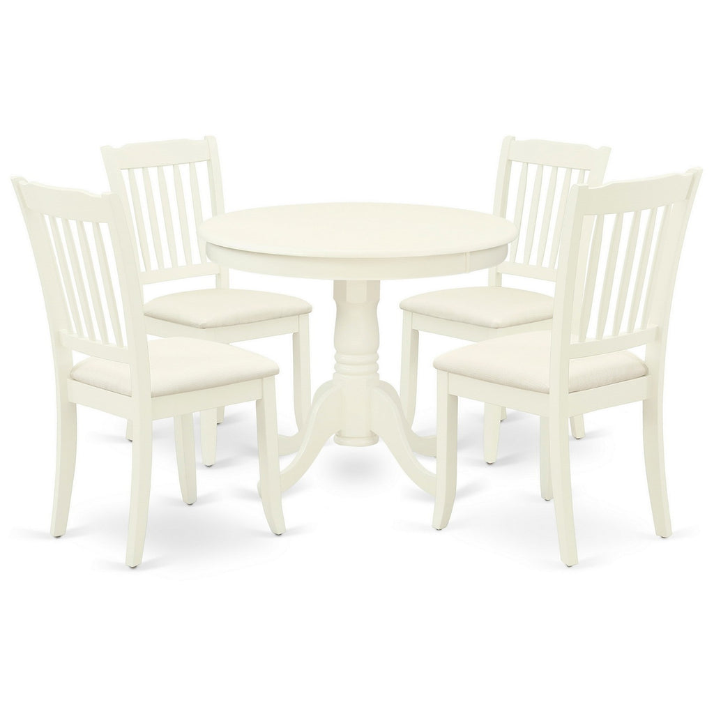 Juego de mesa de comedor moderna de 5 piezas ANDA5-LWH-C de East West Furniture. Incluye una mesa de cocina redonda con pedestal y 4 sillas de comedor de cocina de tela de lino.
