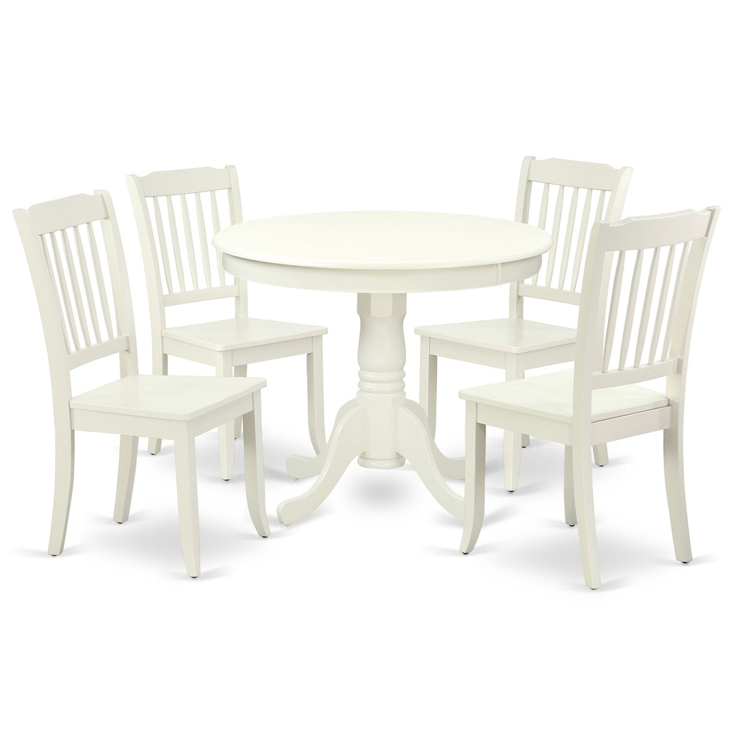 Juego de comedor de 5 piezas ANDA5-LWH-W de East West Furniture. Incluye una mesa de cocina redonda con pedestal y 4 sillas de comedor.