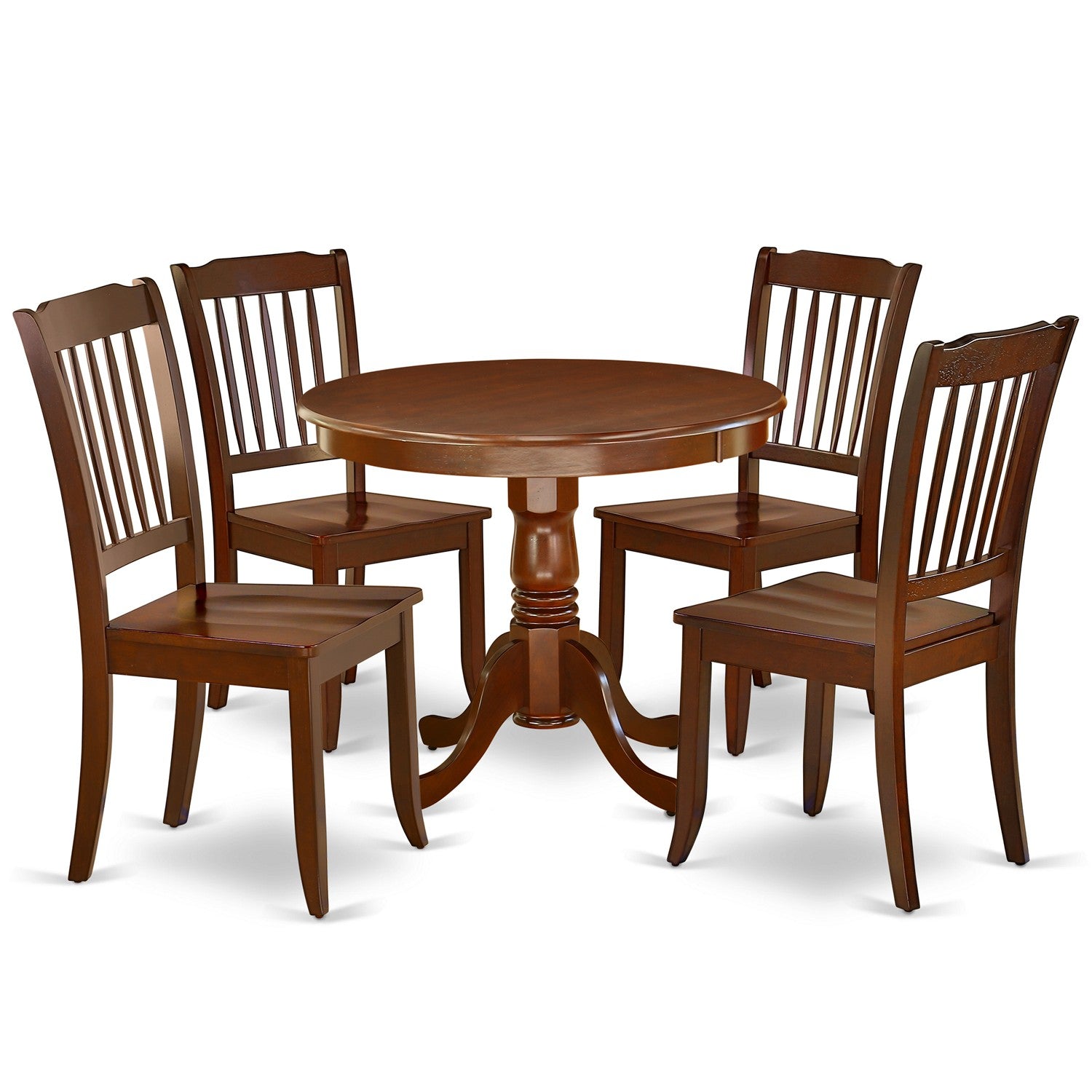 Juego de mesa de comedor de 5 piezas East West Furniture ANDA5-MAH-W para 4 personas. Incluye una mesa de cocina redonda con pedestal y 4 sillas de comedor.