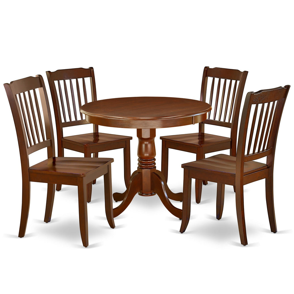 Juego de mesa de comedor de 5 piezas East West Furniture ANDA5-MAH-W para 4 personas. Incluye una mesa de cocina redonda con pedestal y 4 sillas de comedor.