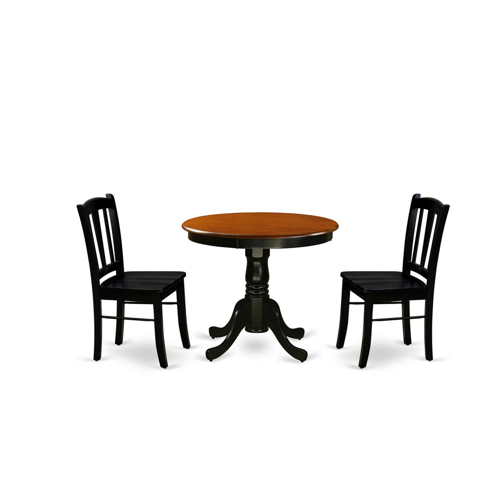 East West Furniture ANDL3-BLK-W 3 Piece Kitchen Table & Chairs Set Contains a Round Dining Room Table with Pedestal and 2 Solid Wood Seat Chairs, 36x36 Inch, Black & Cherry